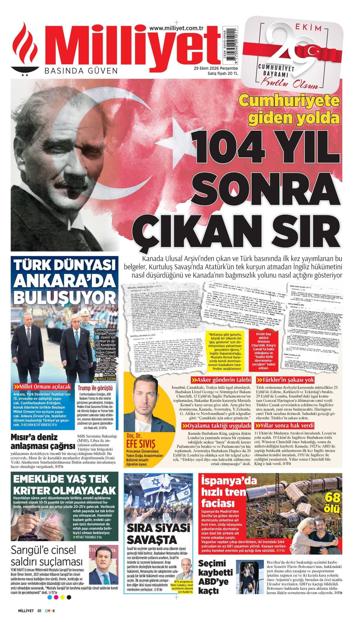 Milliyet Gazetesi 1. Sayfa Manşeti