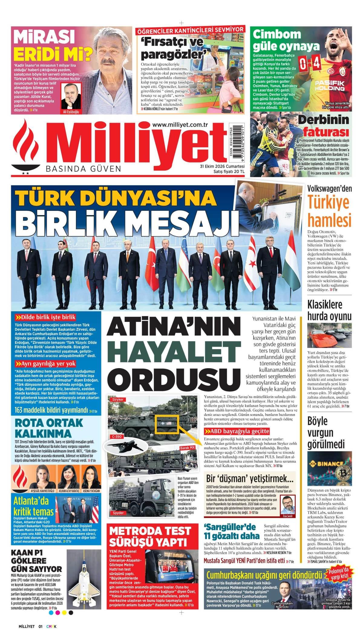 Milliyet Gazetesi 1. Sayfa Manşeti