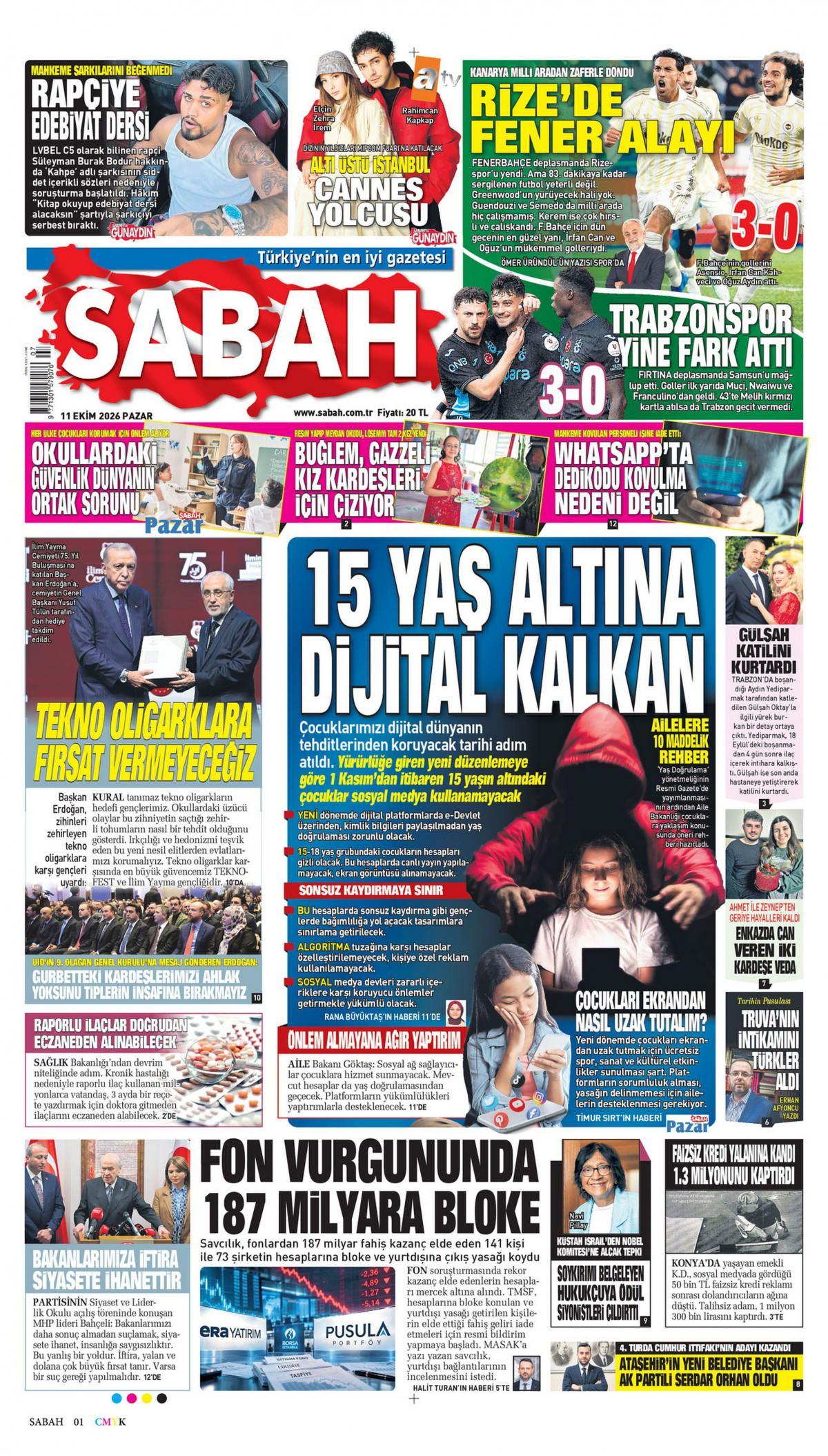 Sabah Gazetesi 1. Sayfa Manşeti