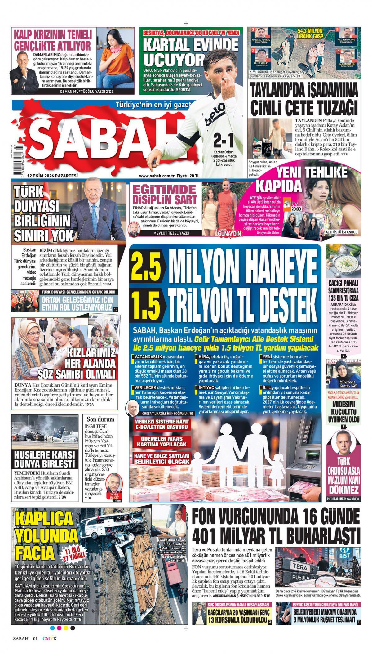 Sabah Gazetesi 1. Sayfa Manşeti