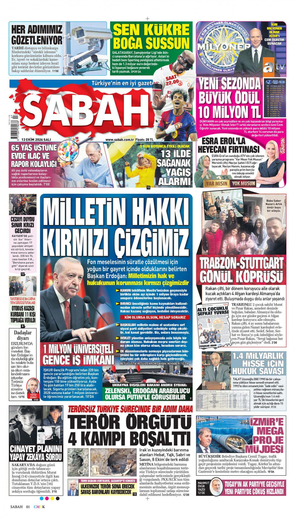 Sabah Gazetesi 1. Sayfa Manşeti