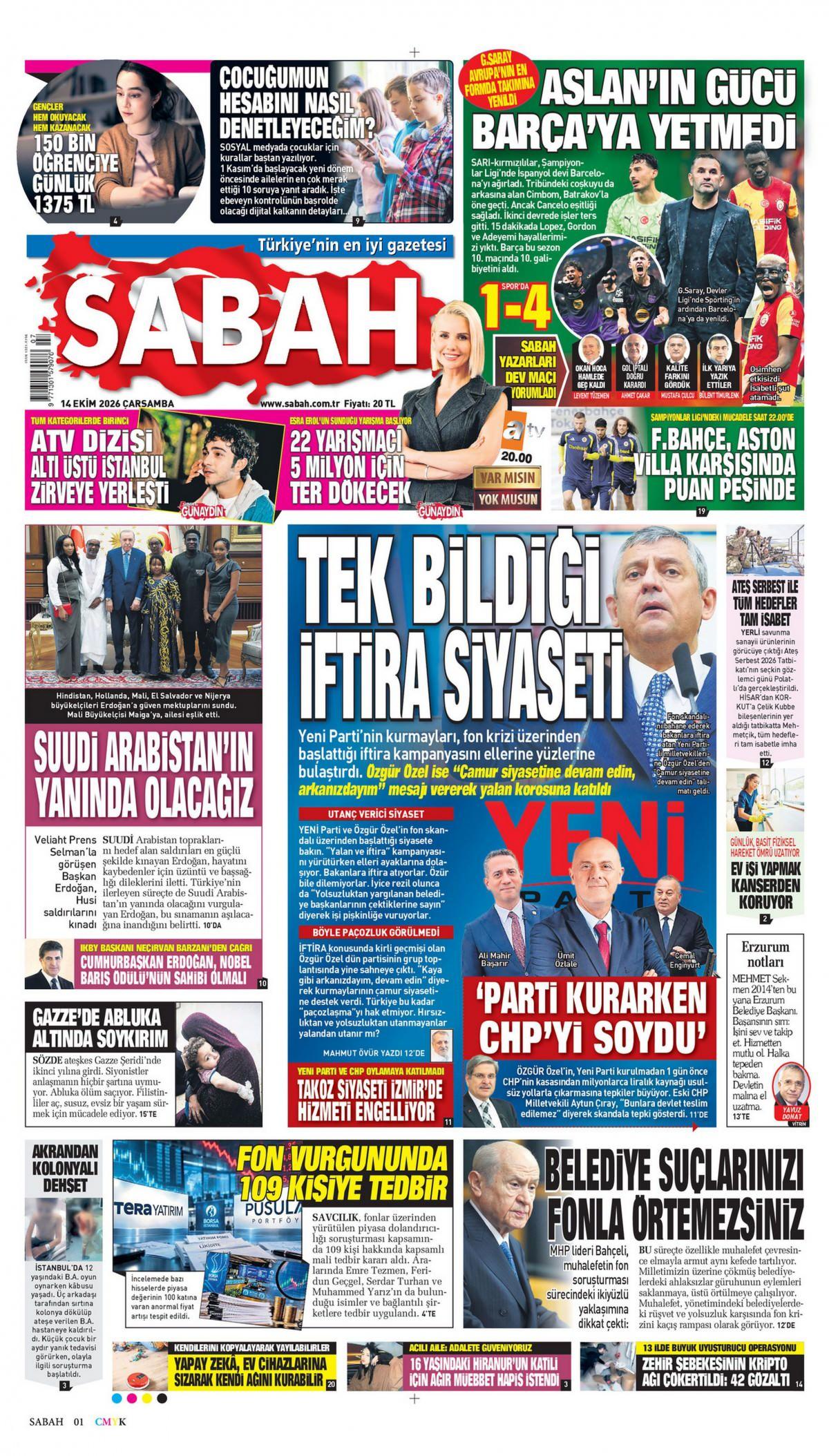 Sabah Gazetesi 1. Sayfa Manşeti