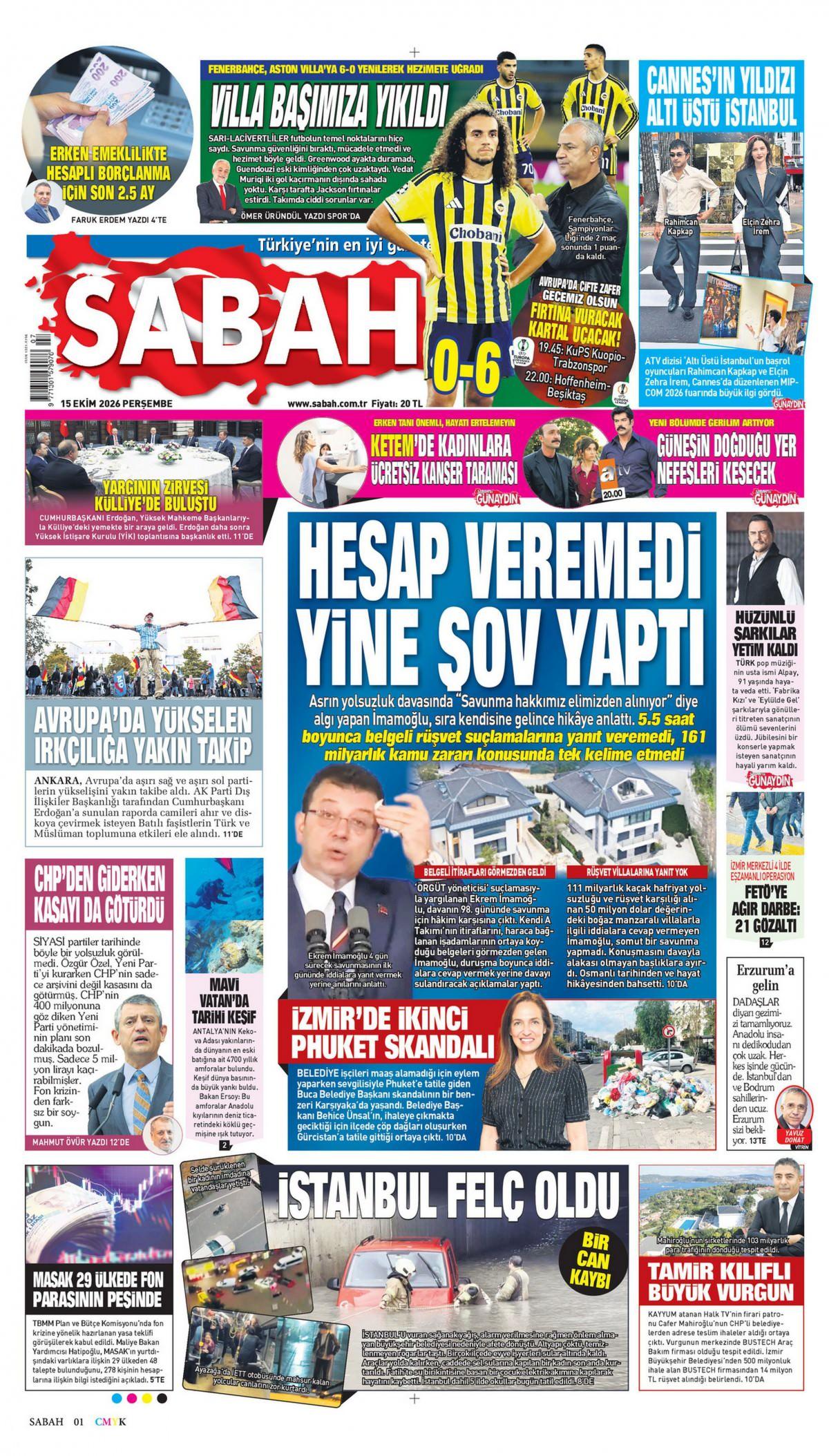 Sabah Gazetesi 1. Sayfa Manşeti