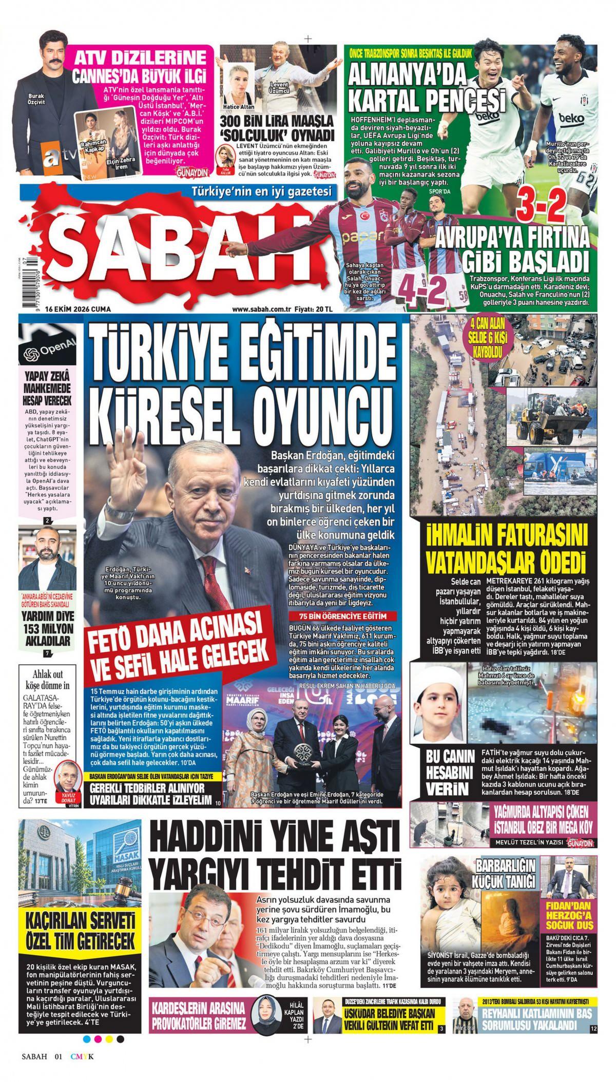 Sabah Gazetesi 1. Sayfa Manşeti