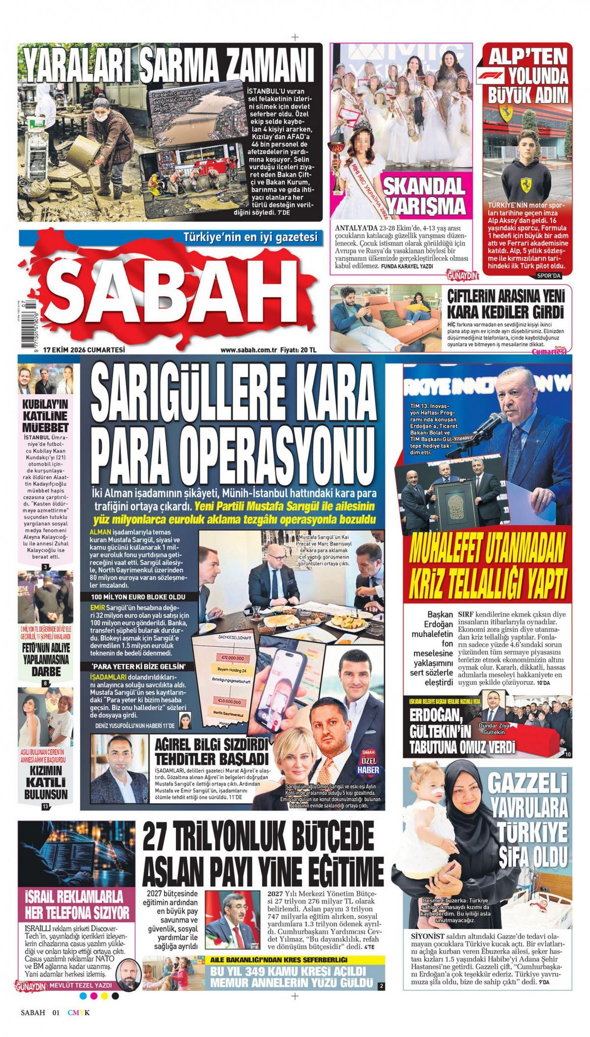 Sabah Gazetesi 1. Sayfa Manşeti