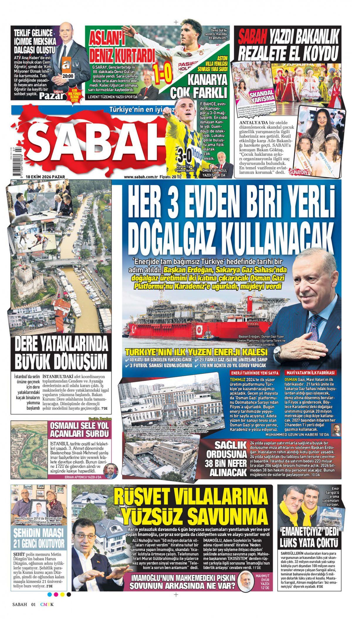 Sabah Gazetesi 1. Sayfa Manşeti