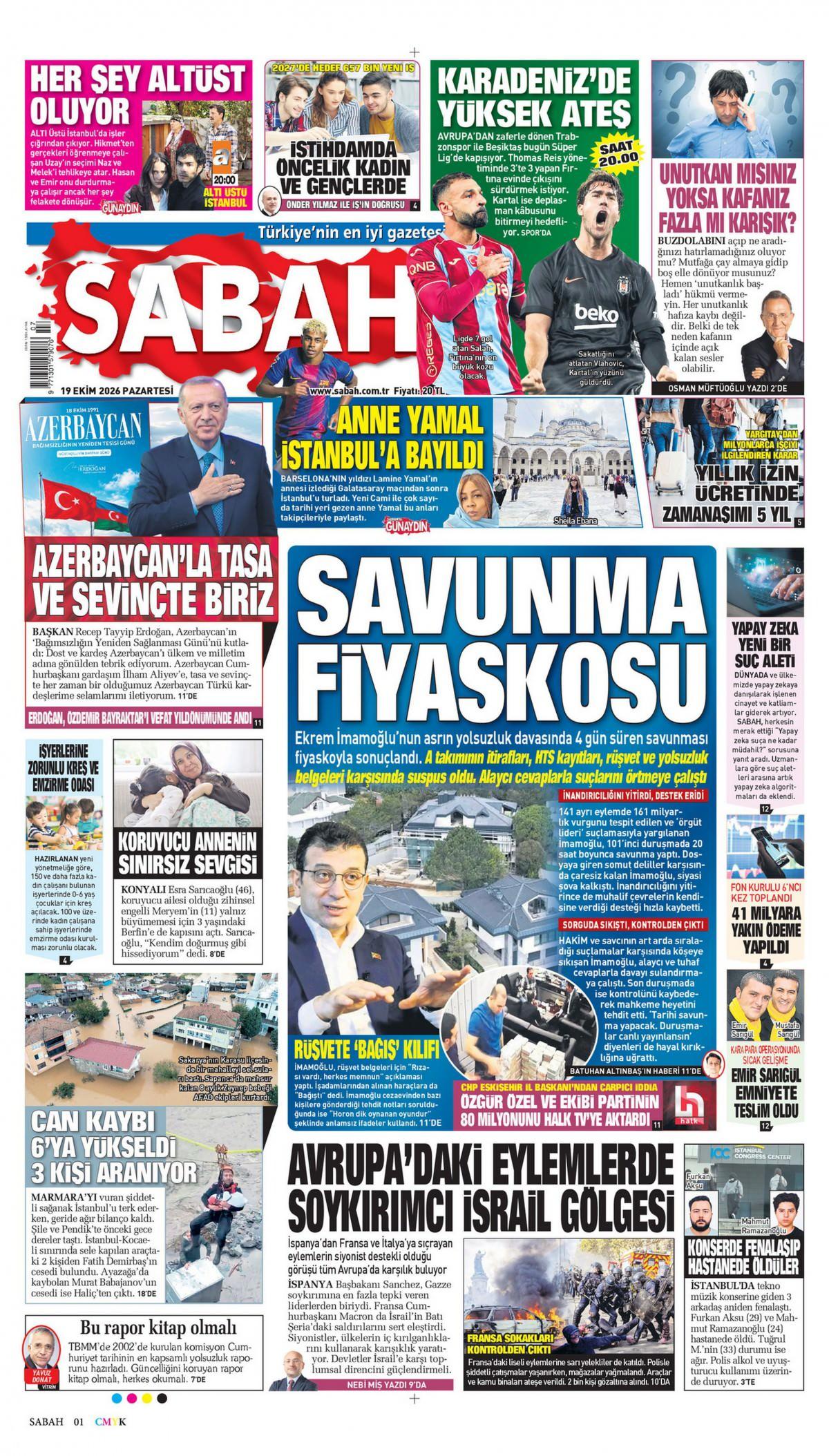 Sabah Gazetesi 1. Sayfa Manşeti