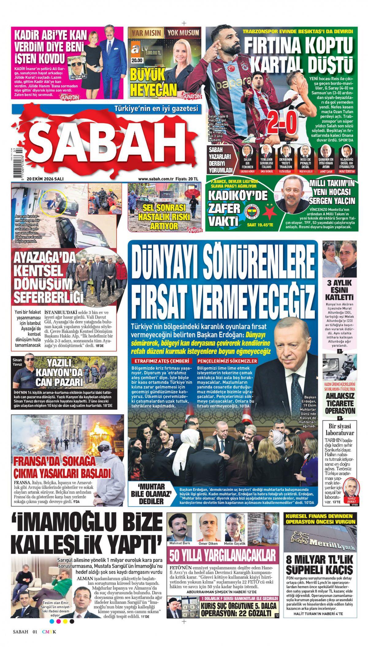 Sabah Gazetesi 1. Sayfa Manşeti