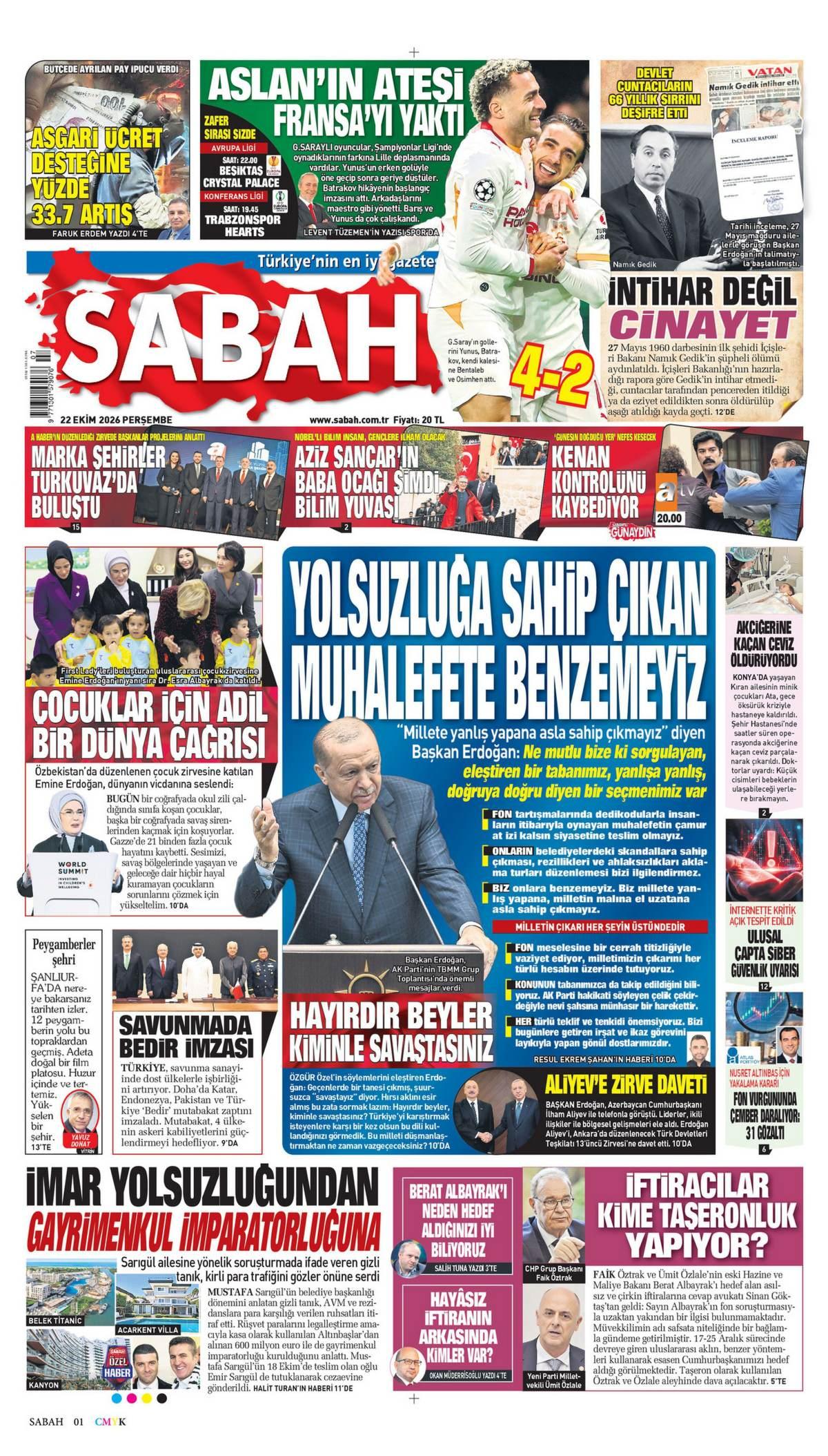 Sabah Gazetesi 1. Sayfa Manşeti