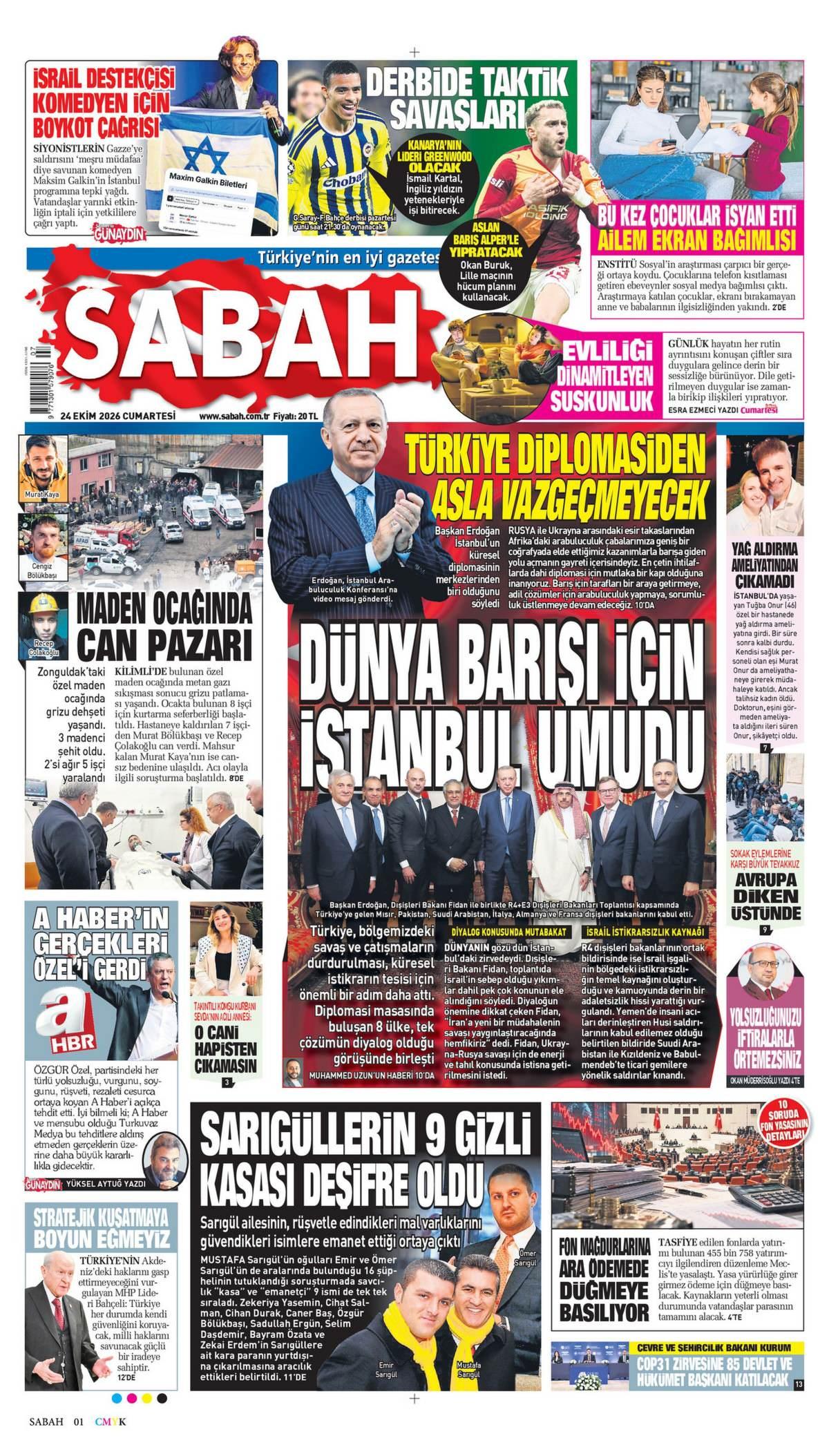 Sabah Gazetesi 1. Sayfa Manşeti