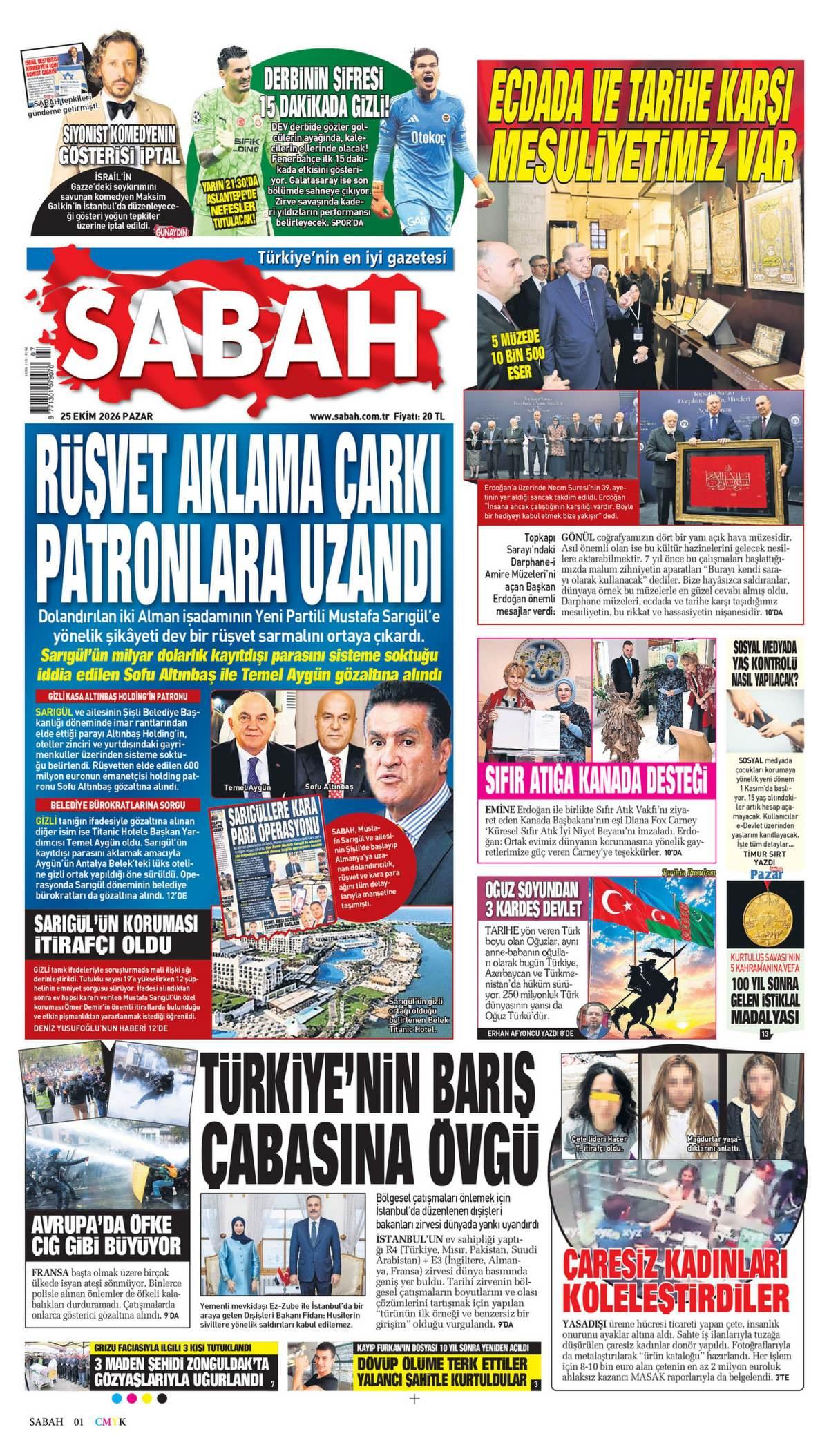 Sabah Gazetesi 1. Sayfa Manşeti