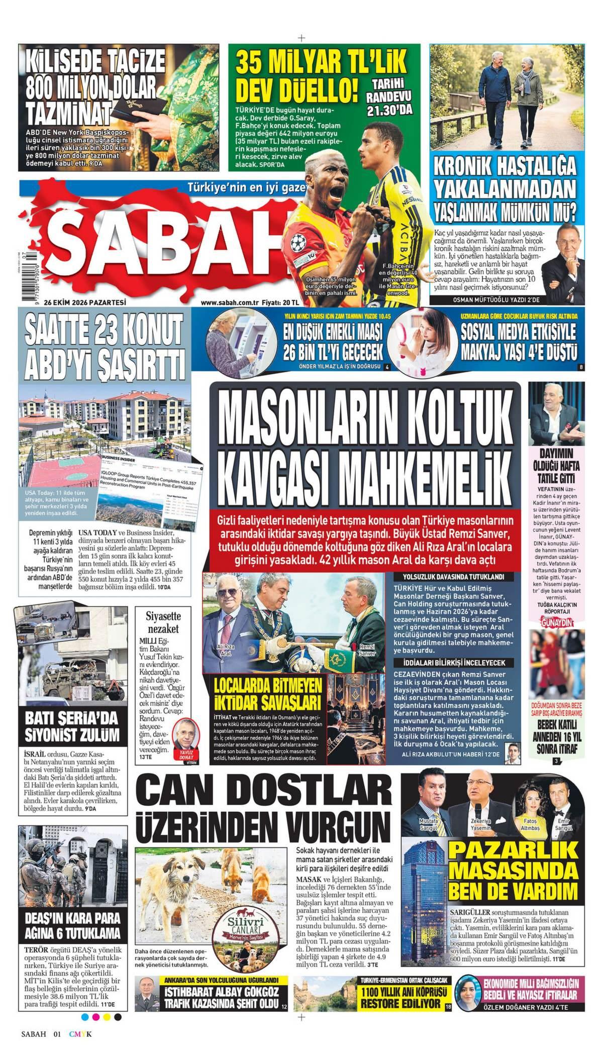 Sabah Gazetesi 1. Sayfa Manşeti