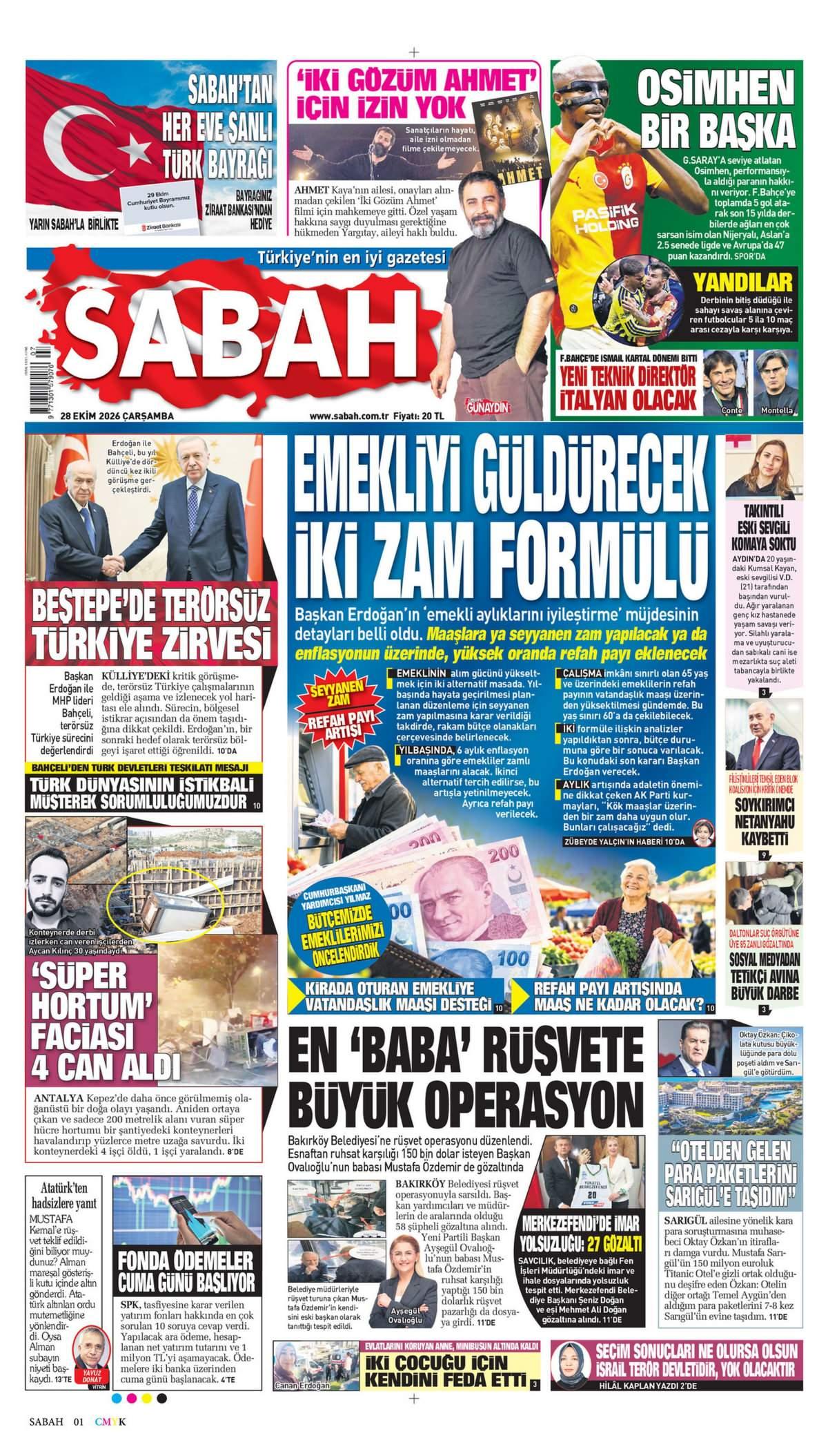 Sabah Gazetesi 1. Sayfa Manşeti