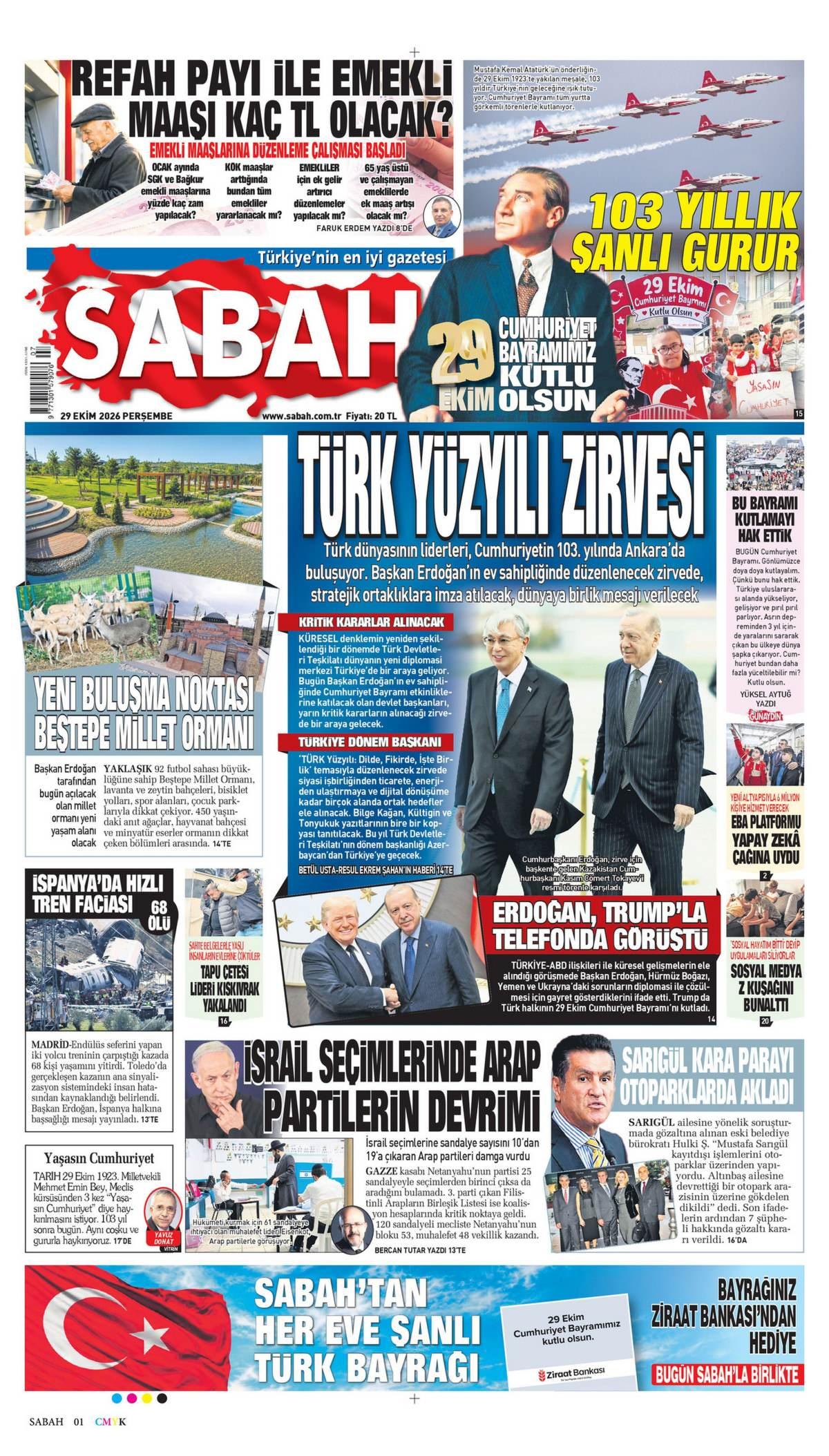 Sabah Gazetesi 1. Sayfa Manşeti