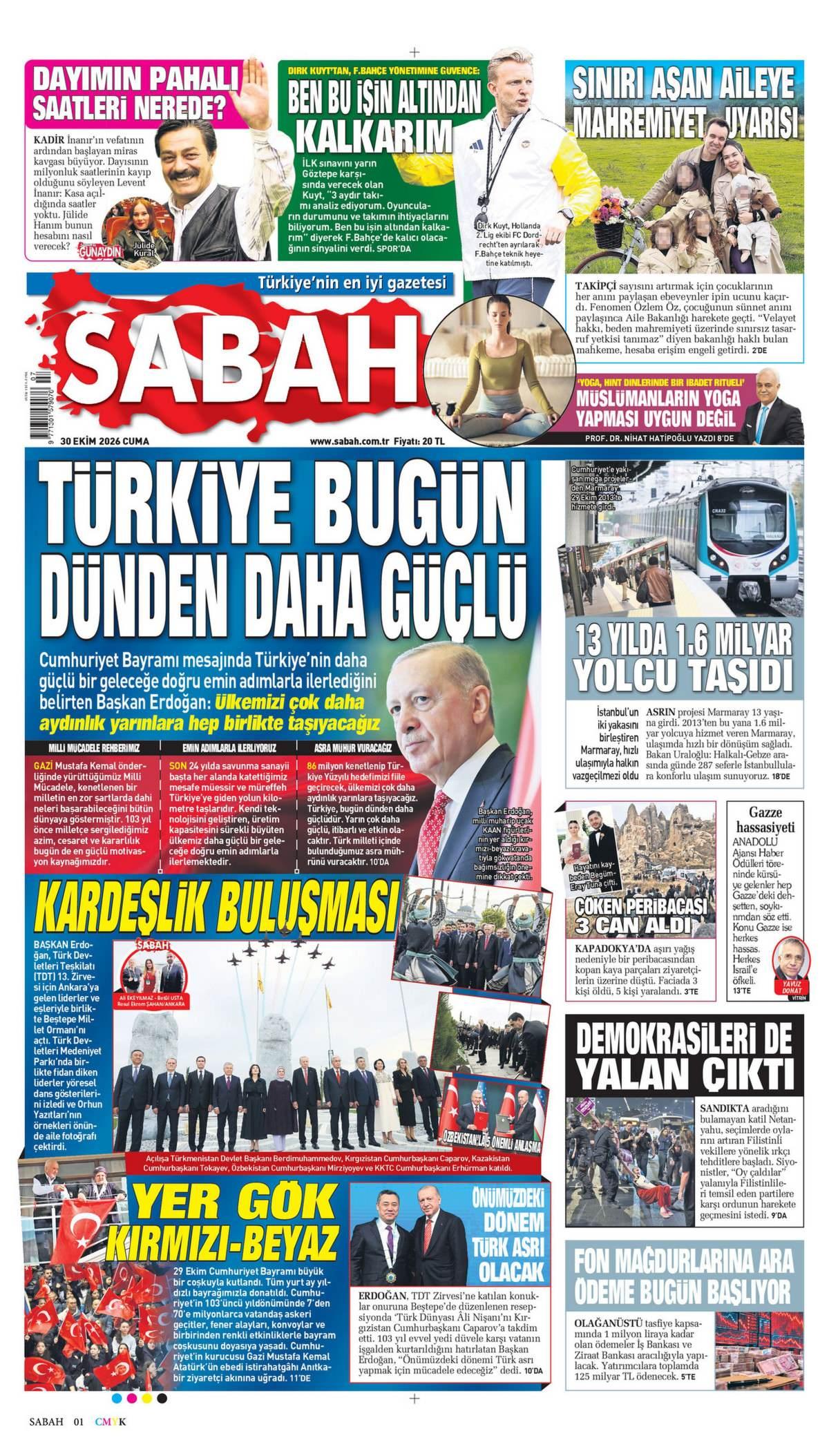 Sabah Gazetesi 1. Sayfa Manşeti