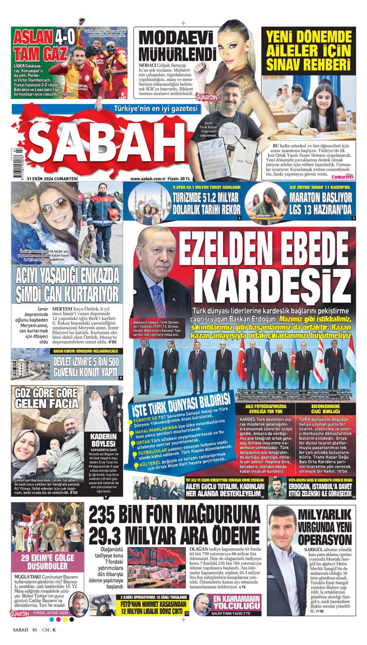 Sabah Gazetesi 1. Sayfa Manşeti