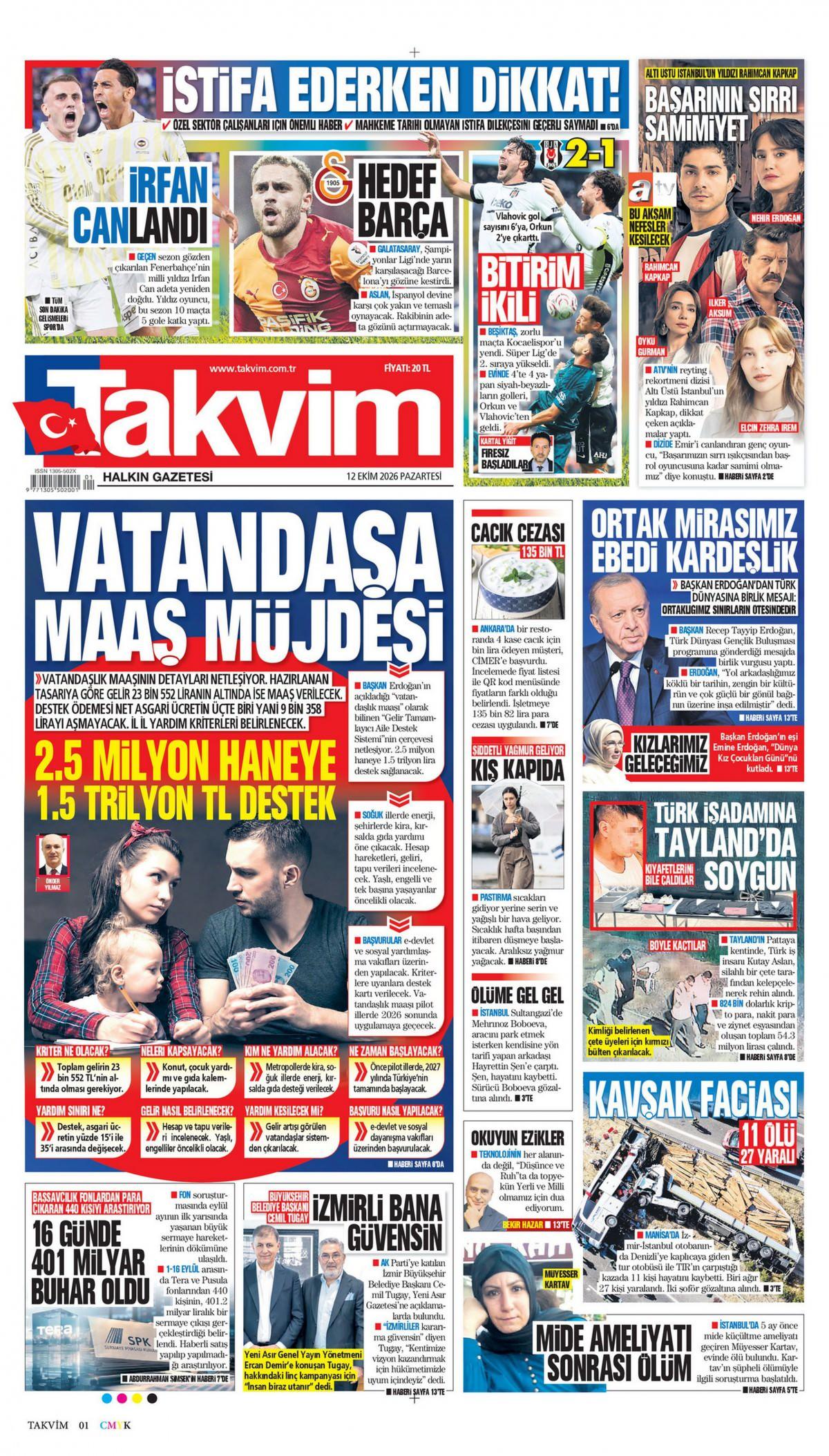 Takvim Gazetesi 1. Sayfa Manşeti