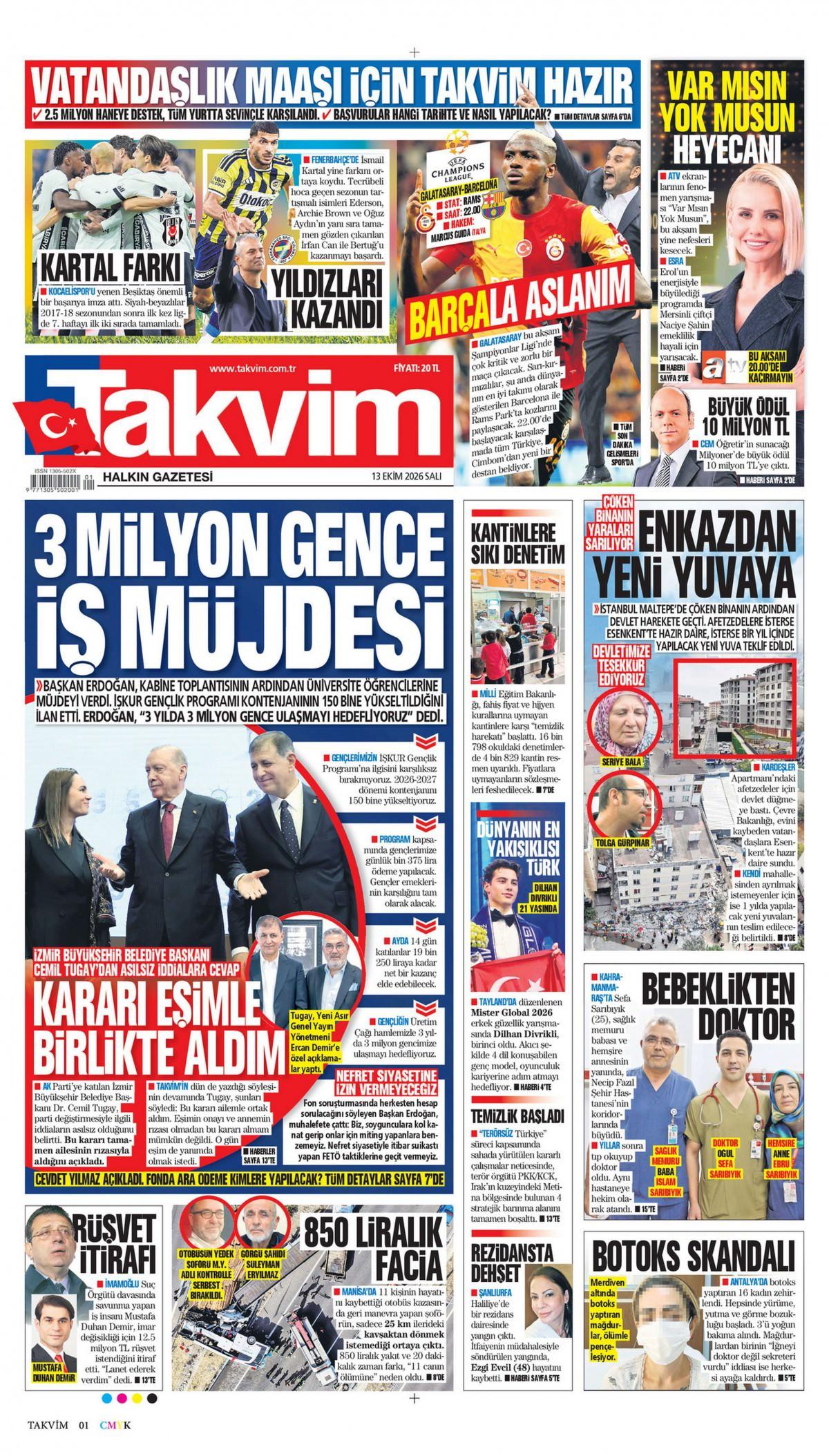 Takvim Gazetesi 1. Sayfa Manşeti
