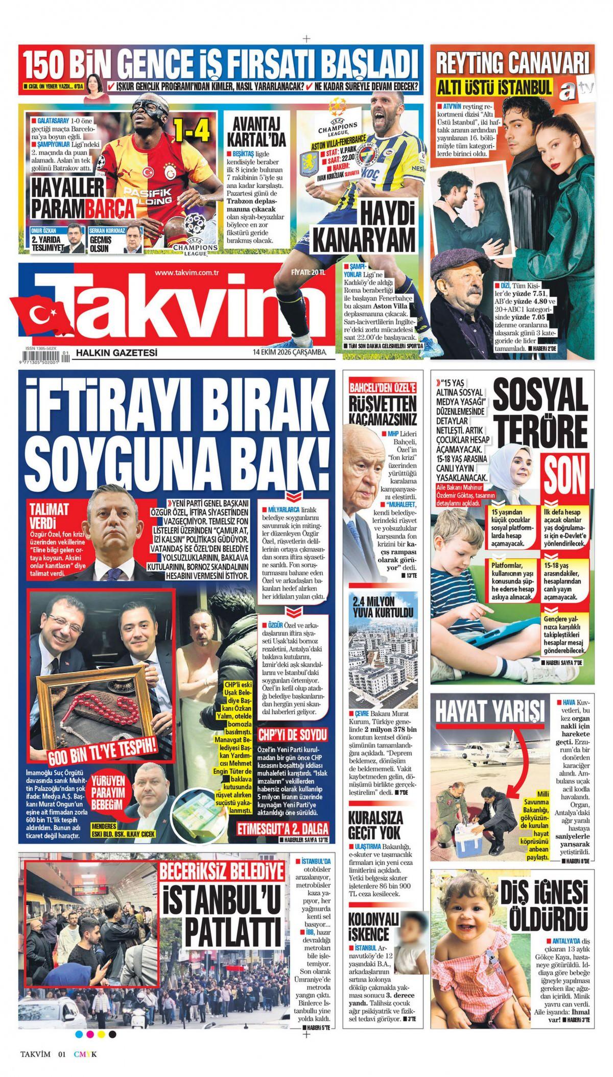 Takvim Gazetesi 1. Sayfa Manşeti