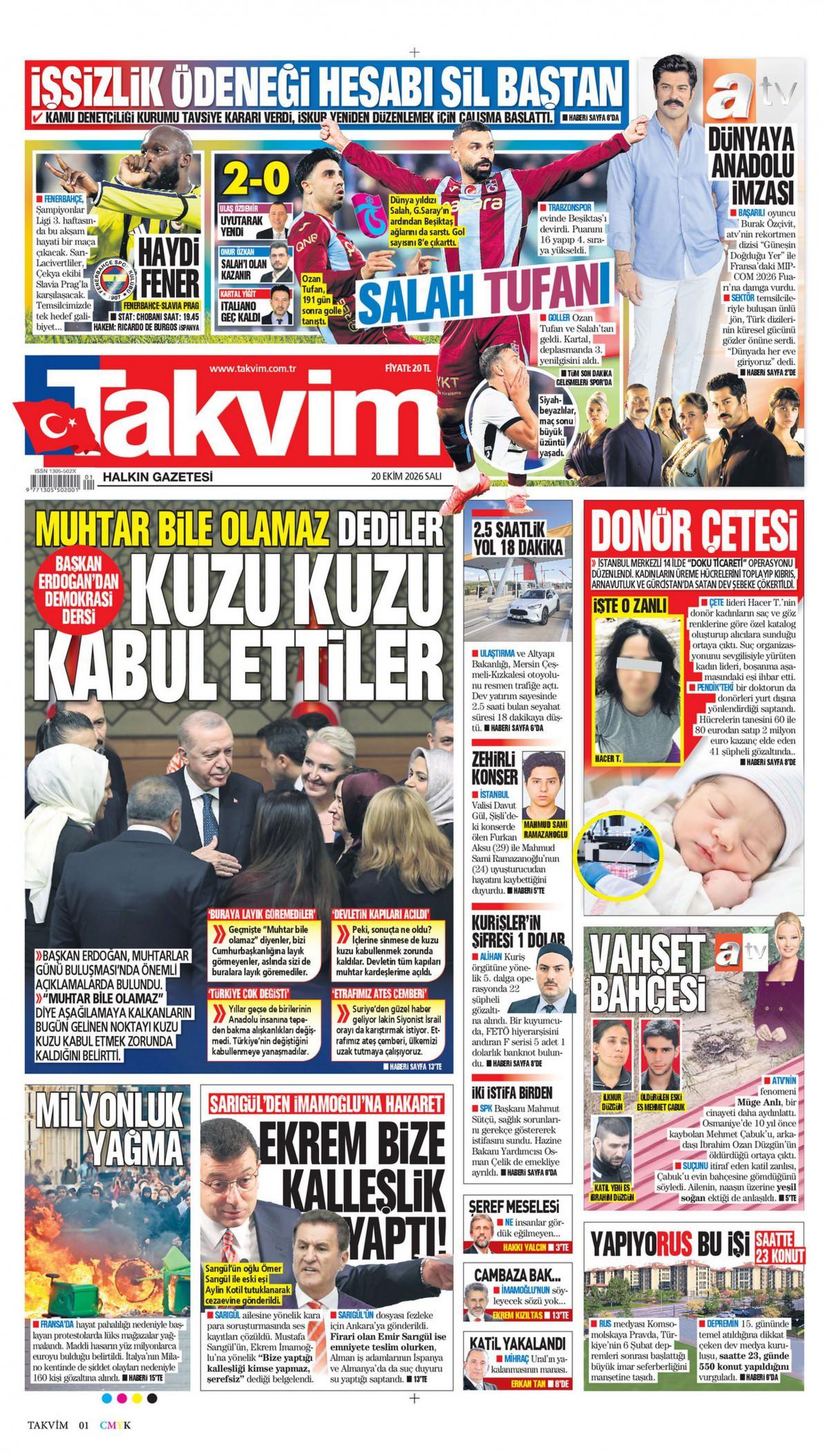 Takvim Gazetesi 1. Sayfa Manşeti
