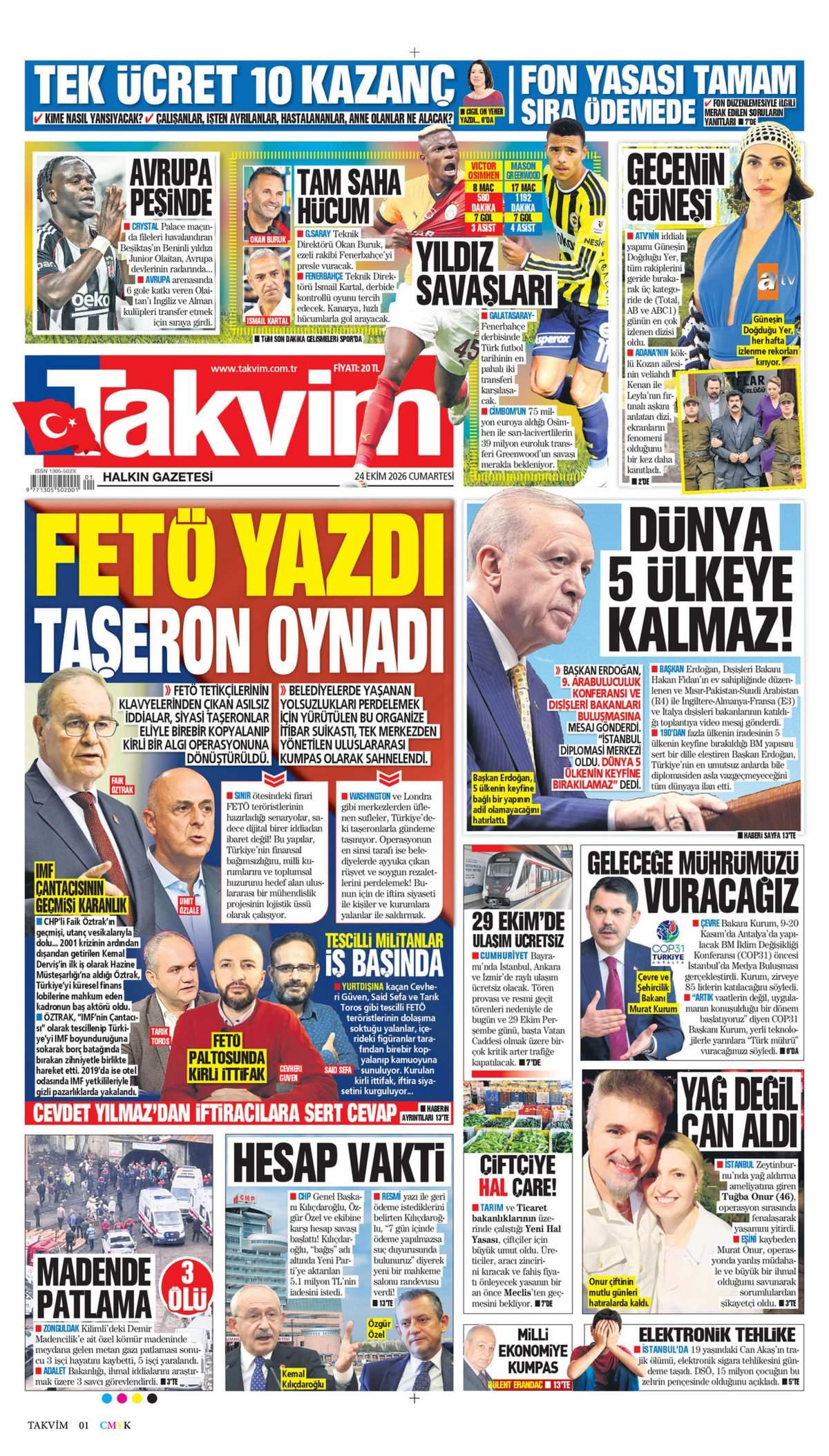 Takvim Gazetesi 1. Sayfa Manşeti