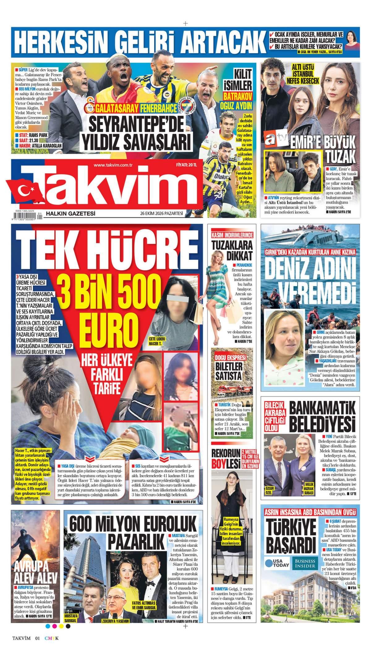 Takvim Gazetesi 1. Sayfa Manşeti