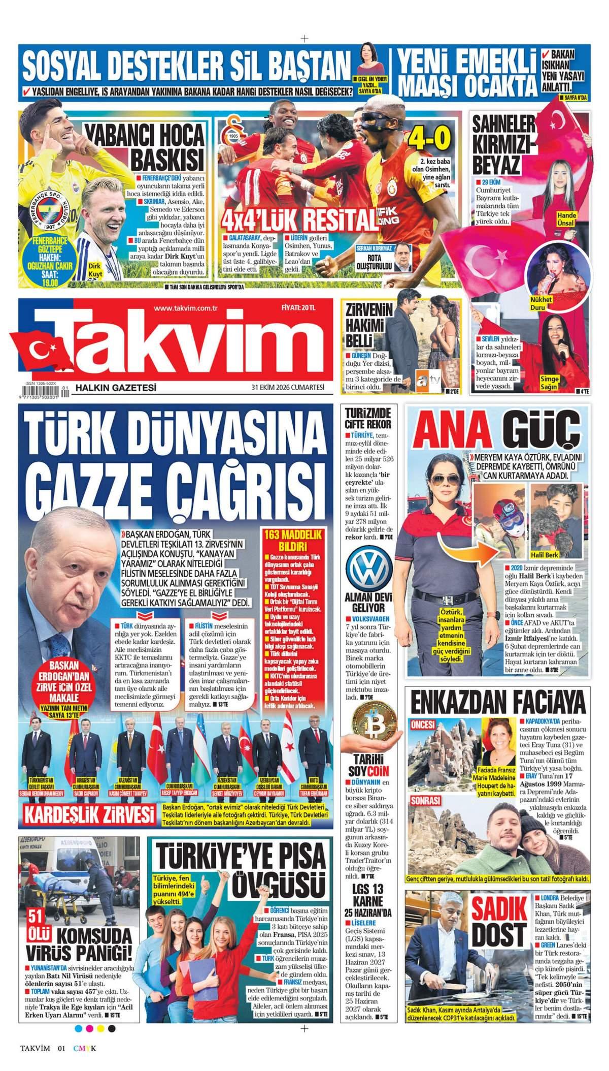 Takvim Gazetesi 1. Sayfa Manşeti