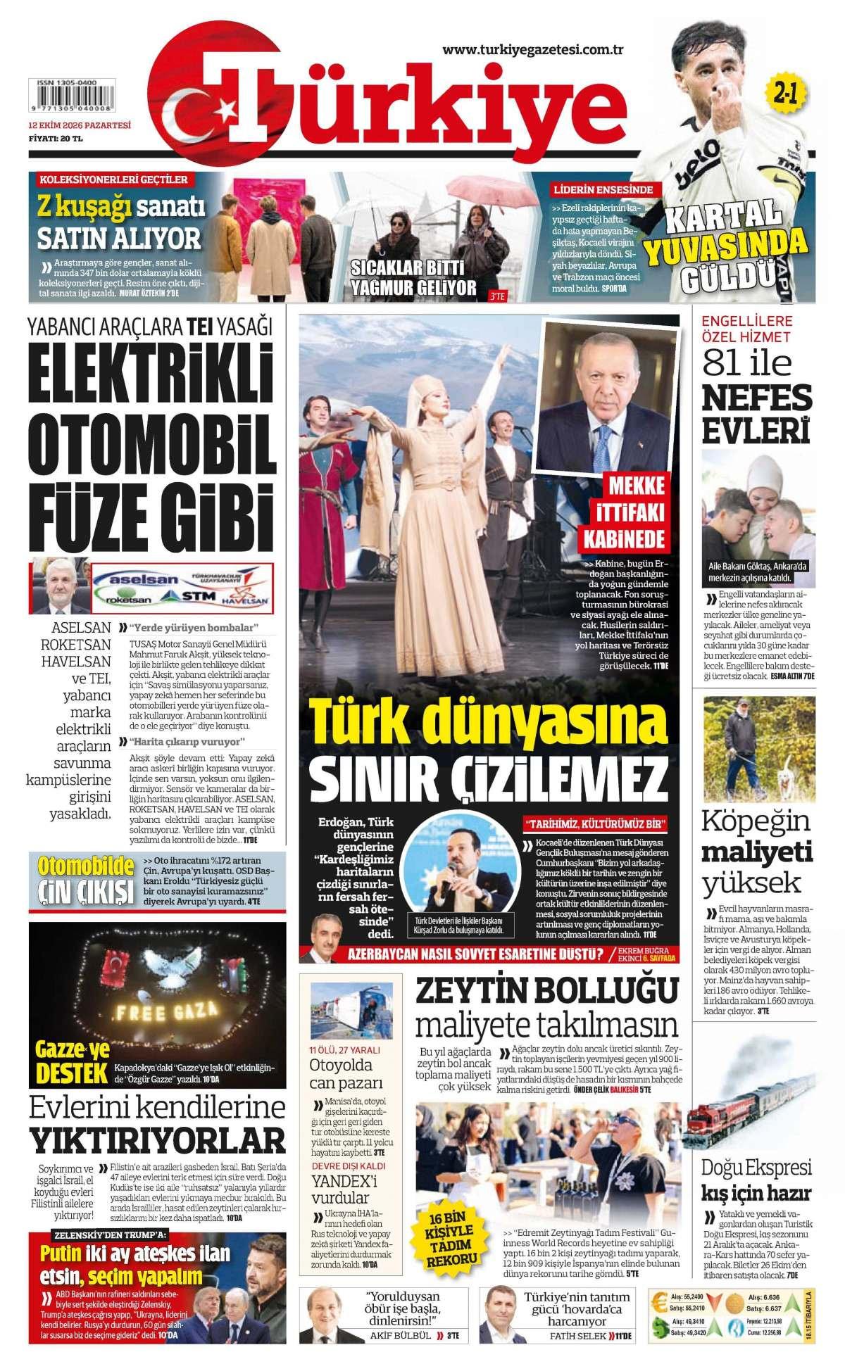 Türkiye Gazetesi 1. Sayfa Manşeti