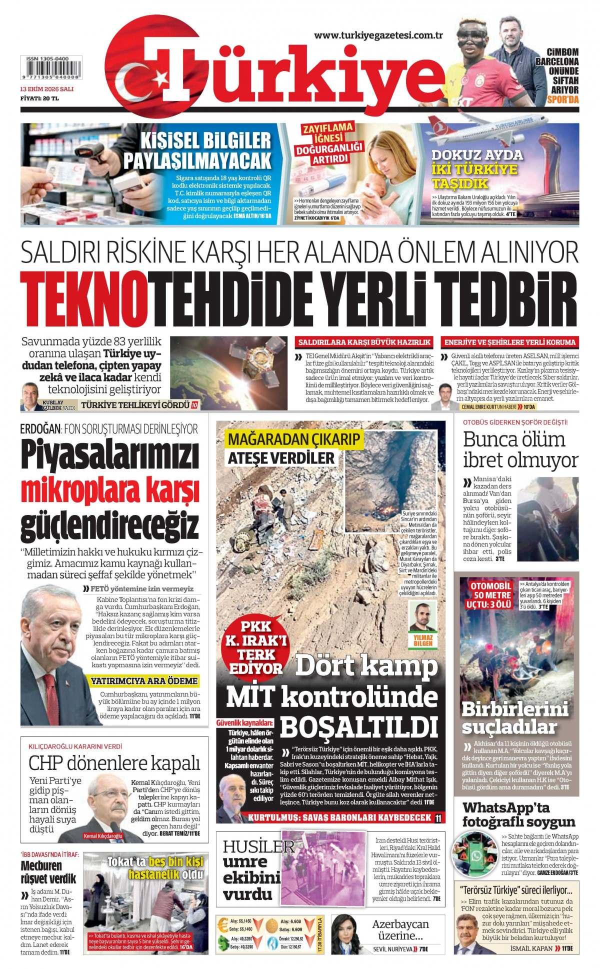 Türkiye Gazetesi 1. Sayfa Manşeti