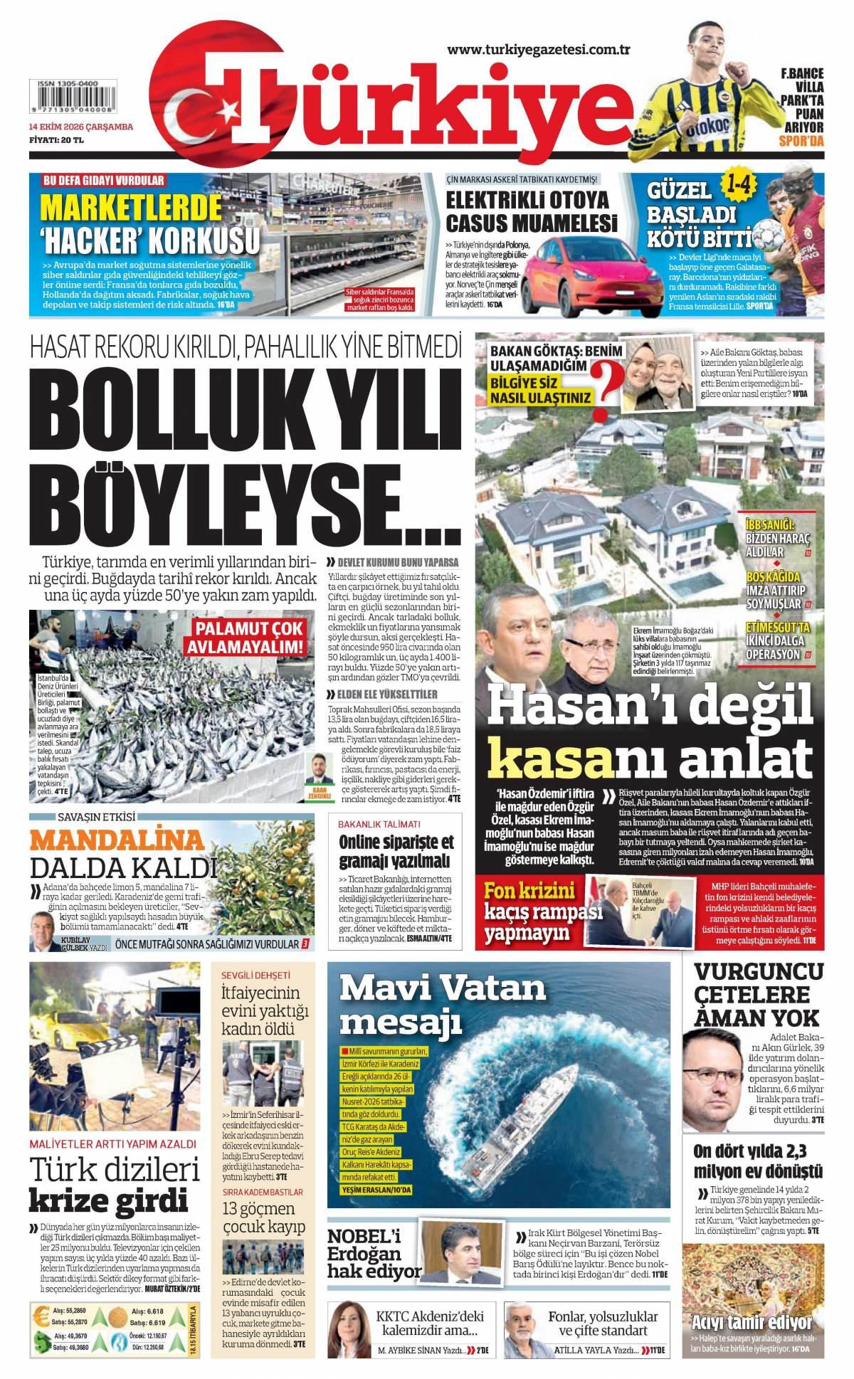 Türkiye Gazetesi 1. Sayfa Manşeti