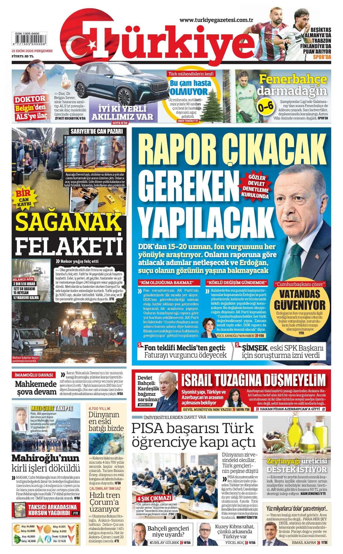 Türkiye Gazetesi 1. Sayfa Manşeti