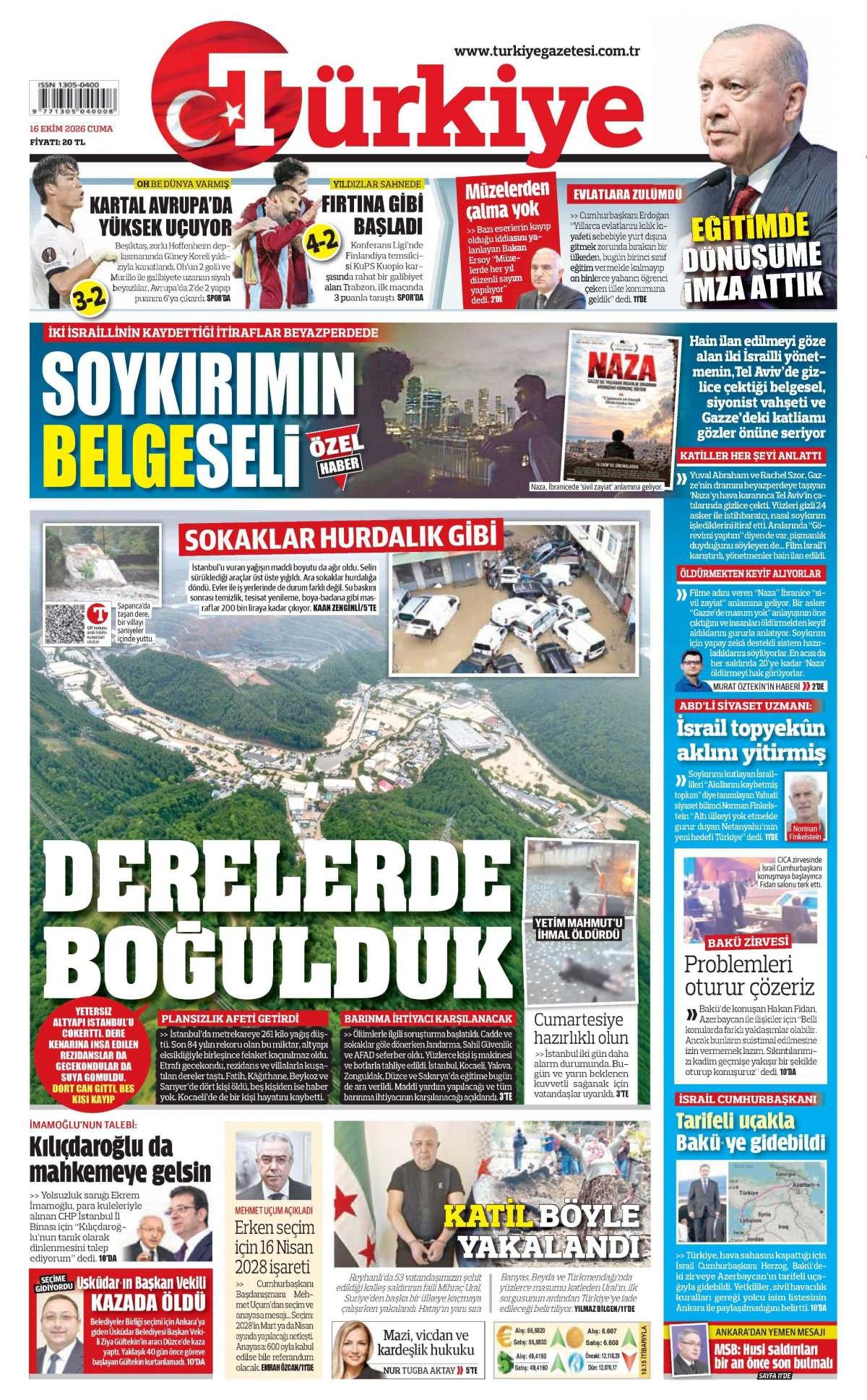 Türkiye Gazetesi 1. Sayfa Manşeti