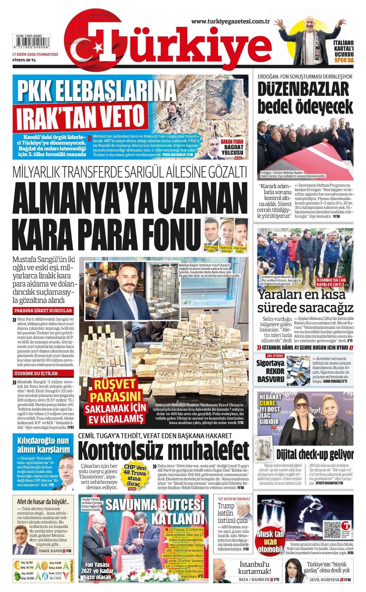 Türkiye Gazetesi 1. Sayfa Manşeti