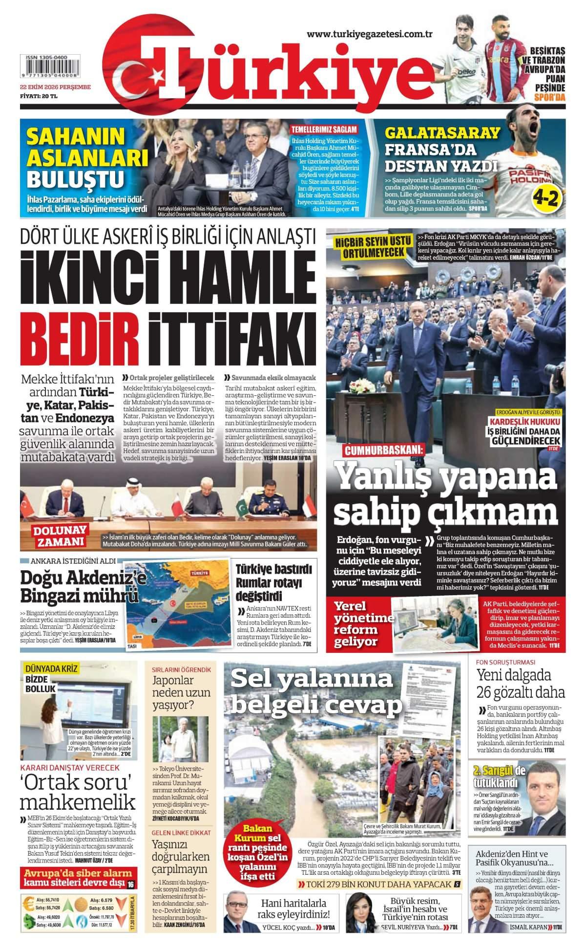 Türkiye Gazetesi 1. Sayfa Manşeti