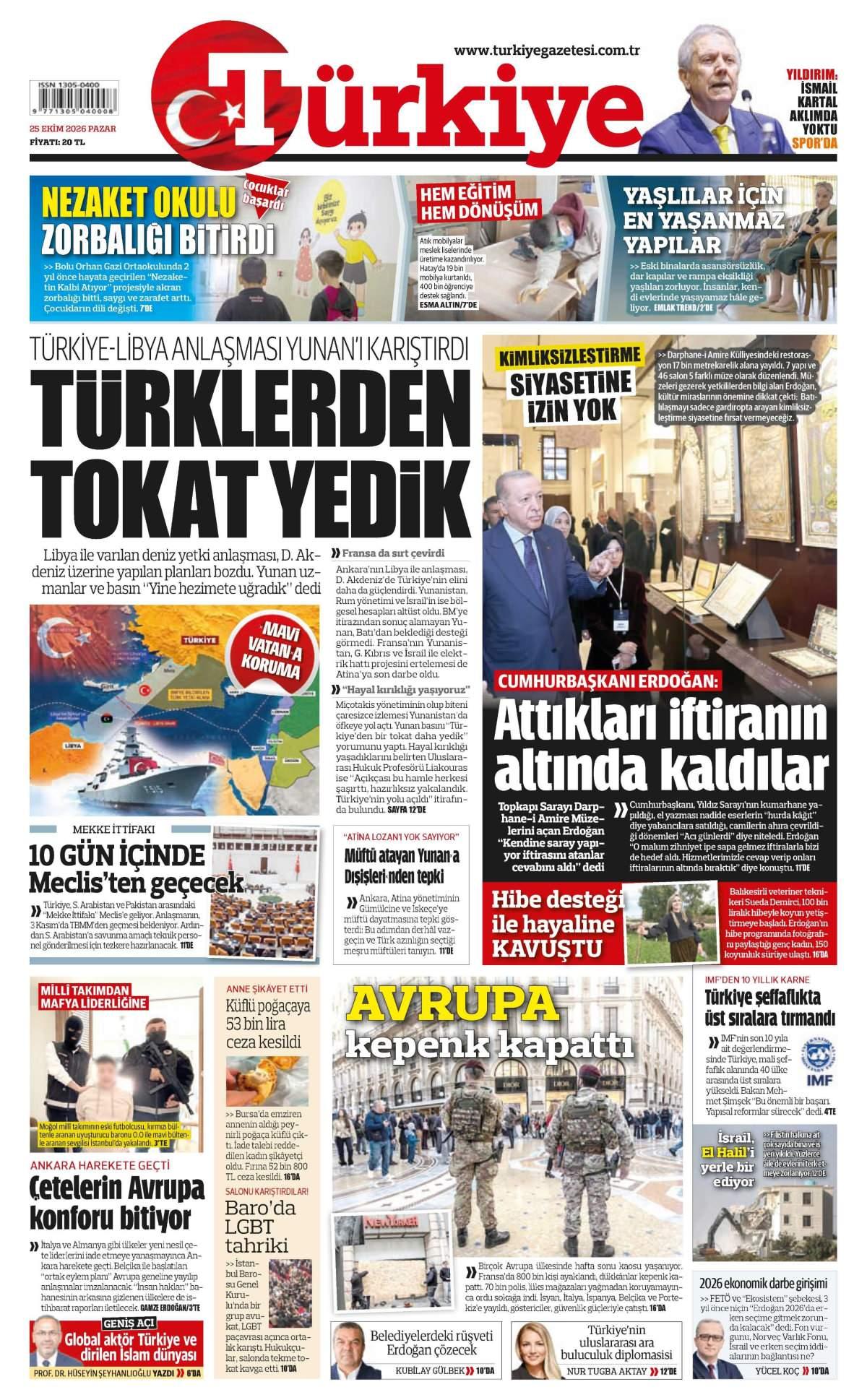 Türkiye Gazetesi 1. Sayfa Manşeti
