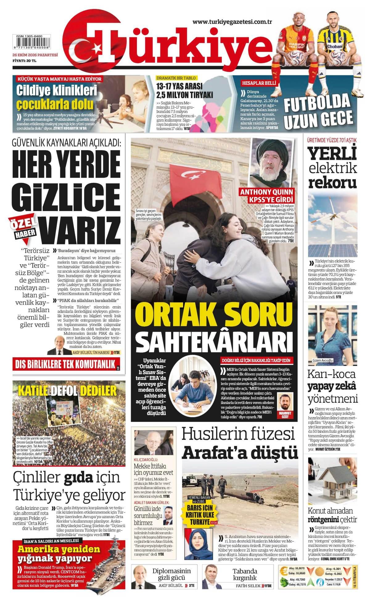 Türkiye Gazetesi 1. Sayfa Manşeti