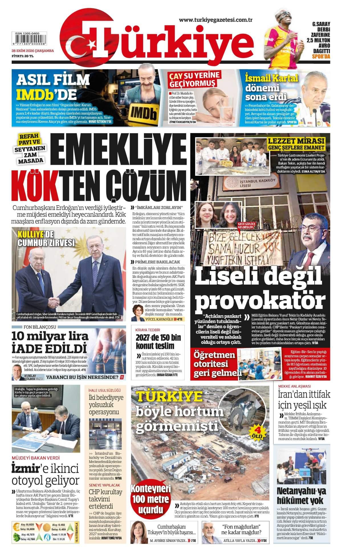 Türkiye Gazetesi 1. Sayfa Manşeti