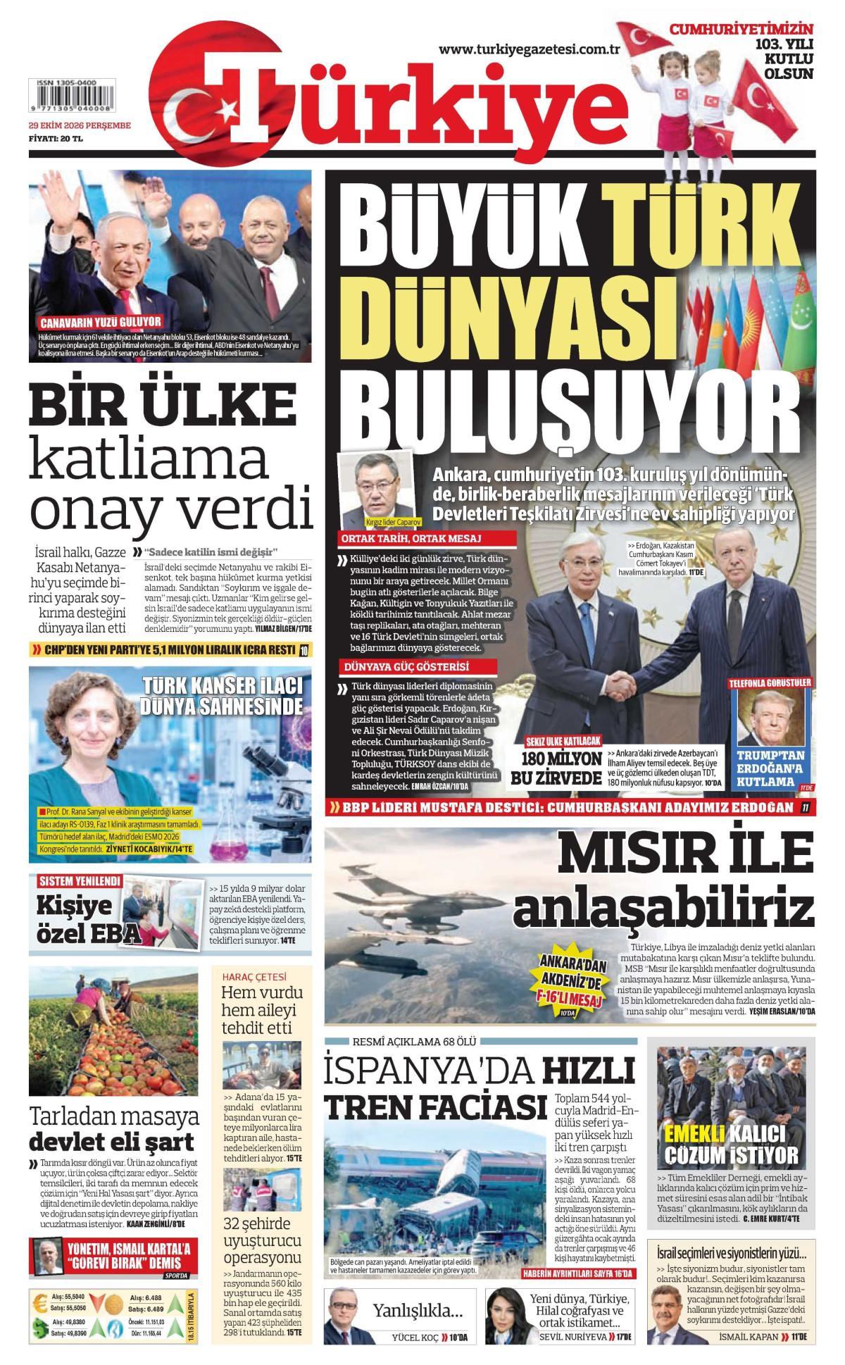 Türkiye Gazetesi 1. Sayfa Manşeti