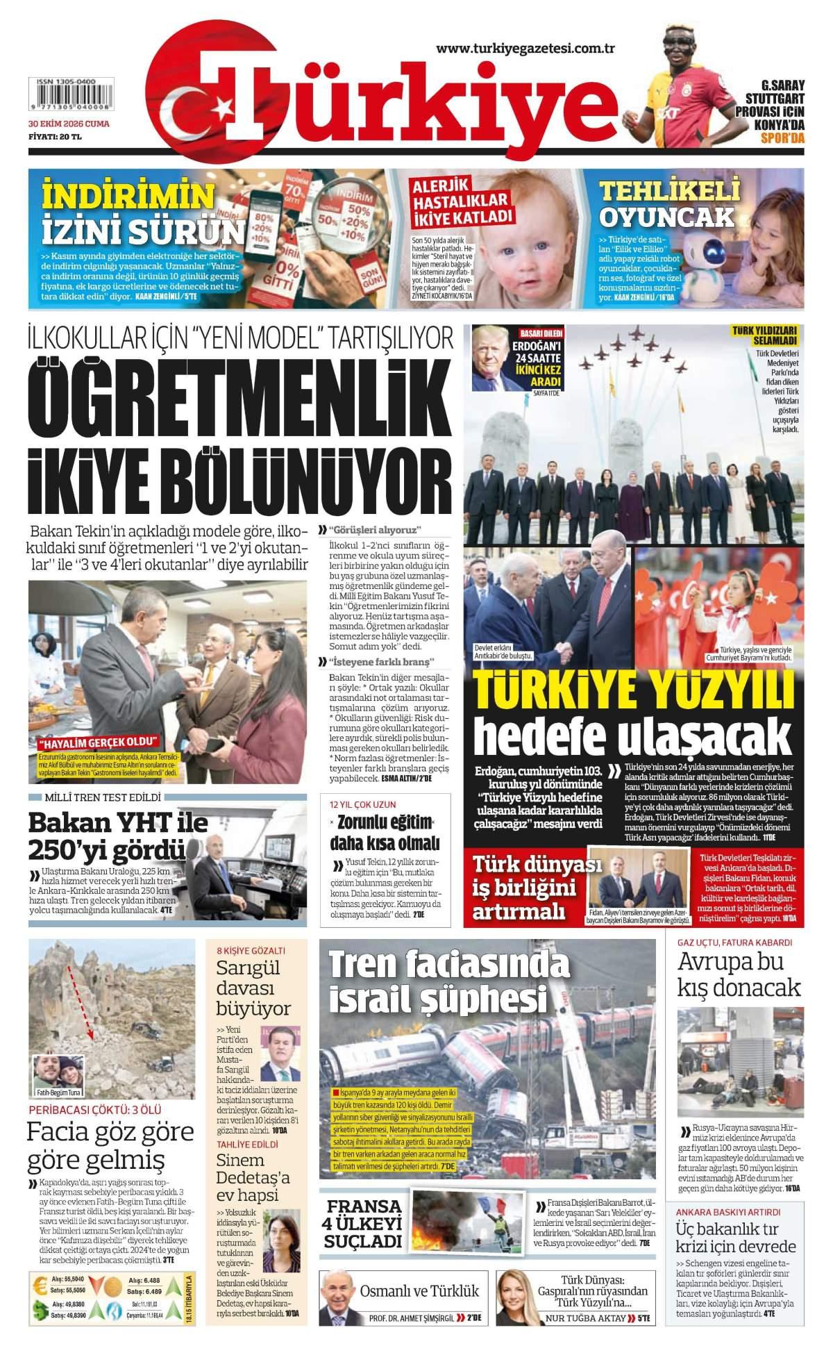 Türkiye Gazetesi 1. Sayfa Manşeti