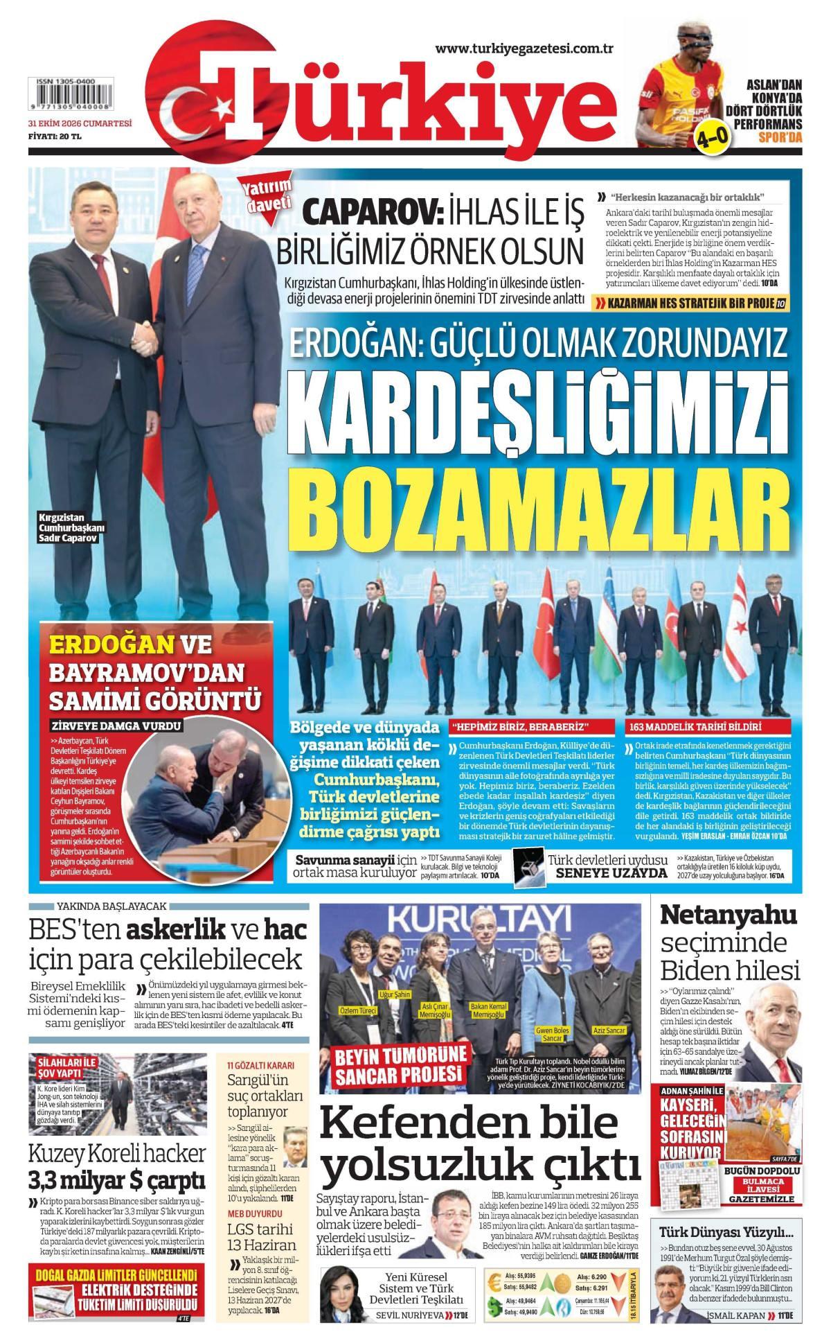 Türkiye Gazetesi 1. Sayfa Manşeti