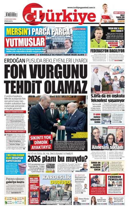 Türkiye Gazetesi bugünkü kapak