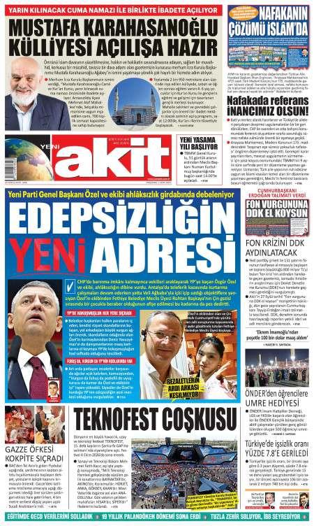 Yeni Akit bugünkü kapak