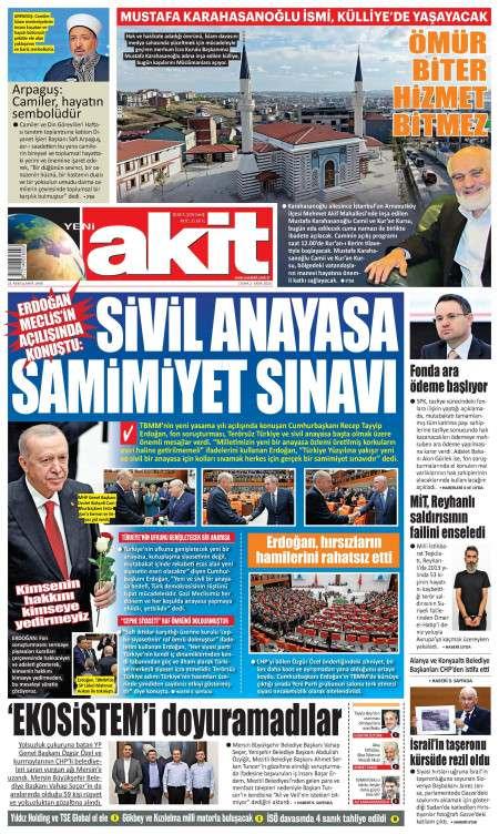 Yeni Akit bugünkü kapak