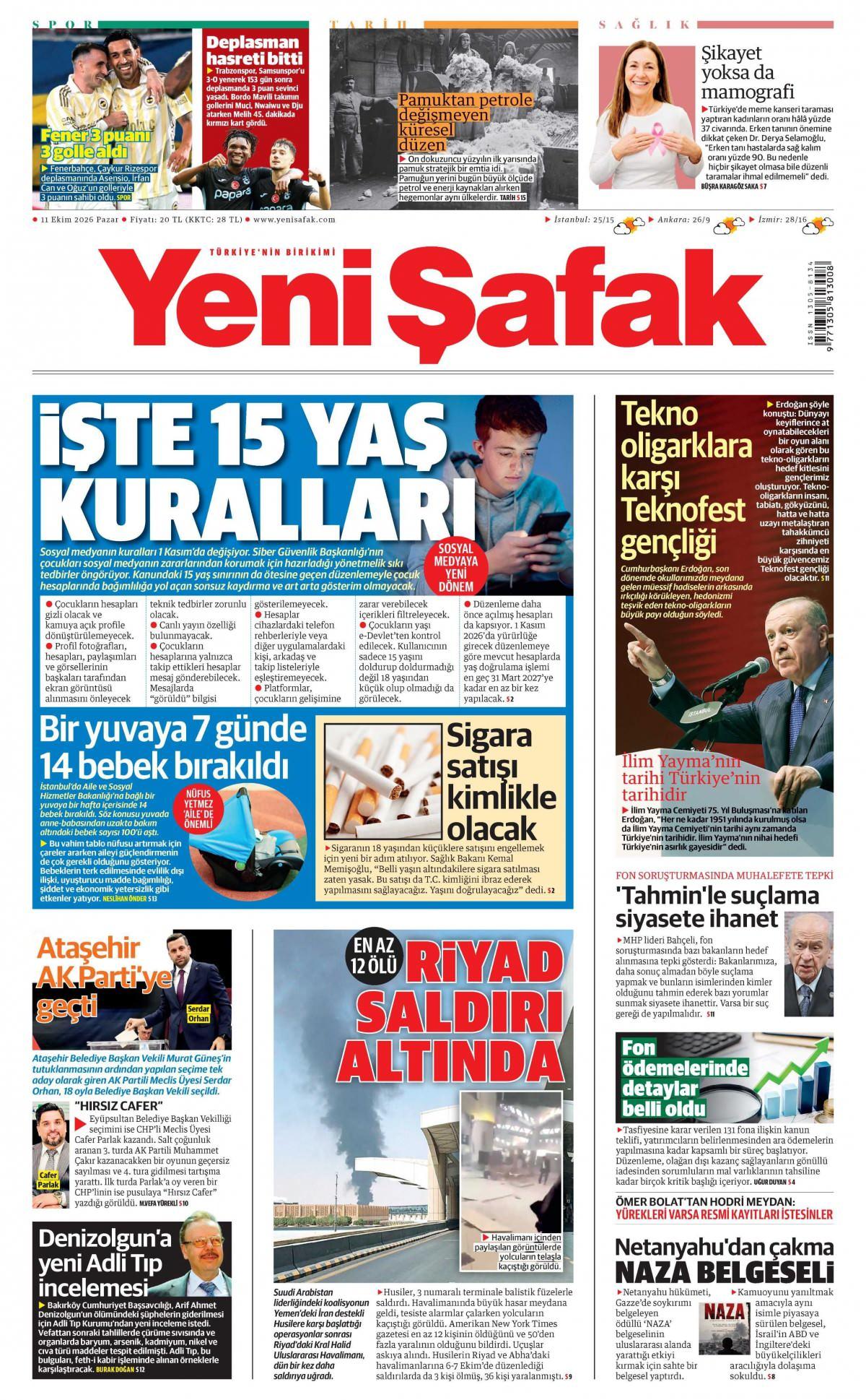 Yeni Şafak Gazetesi 1. Sayfa Manşeti