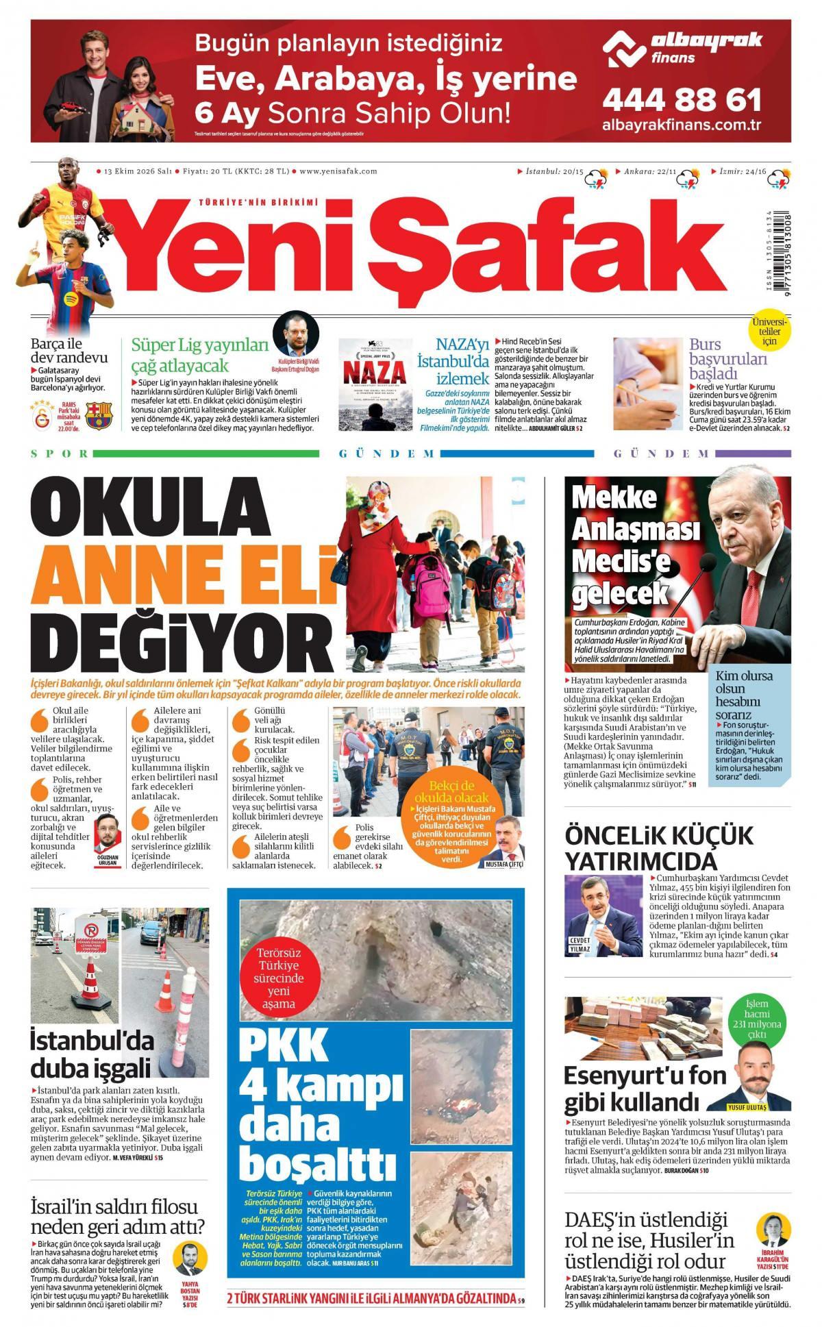 Yeni Şafak Gazetesi 1. Sayfa Manşeti
