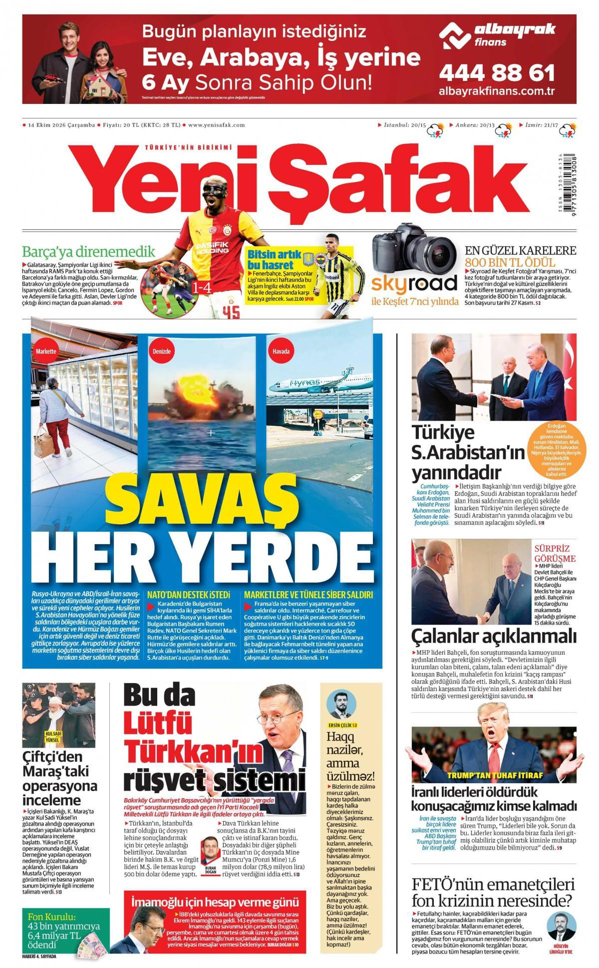 Yeni Şafak Gazetesi 1. Sayfa Manşeti