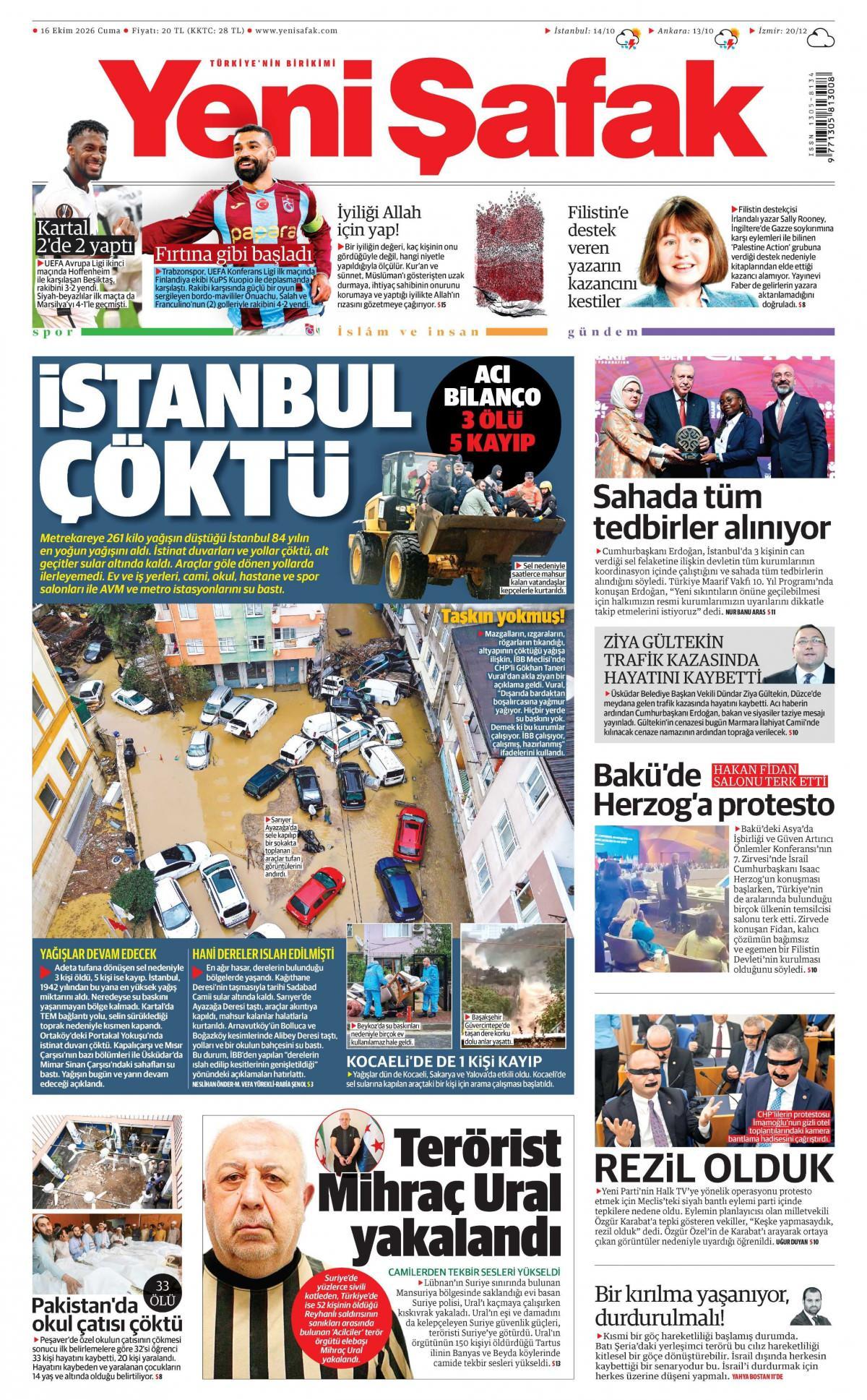 Yeni Şafak Gazetesi 1. Sayfa Manşeti