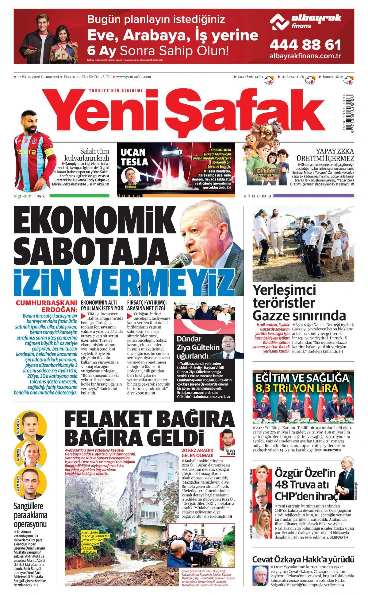 Yeni Şafak Gazetesi 1. Sayfa Manşeti