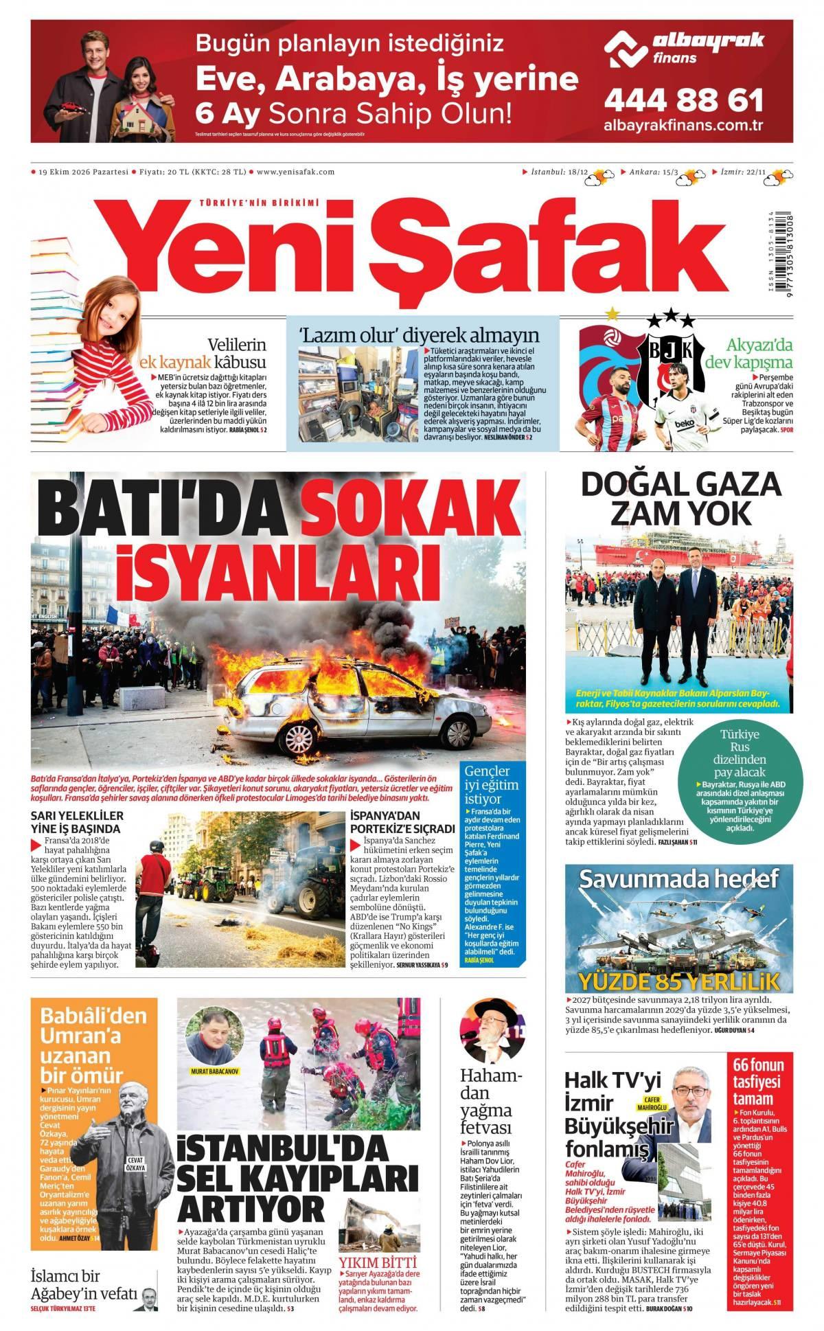 Yeni Şafak Gazetesi 1. Sayfa Manşeti