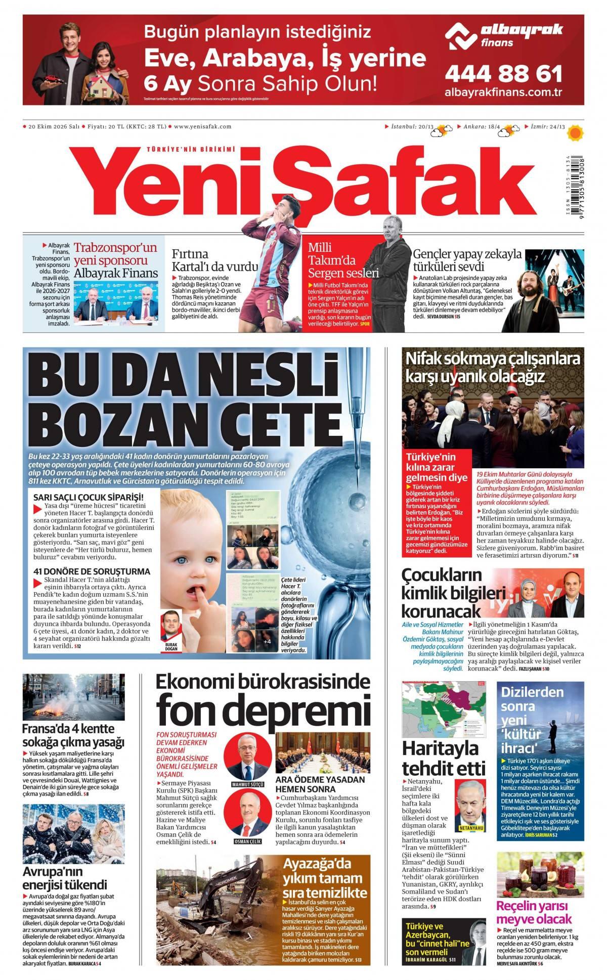 Yeni Şafak Gazetesi 1. Sayfa Manşeti